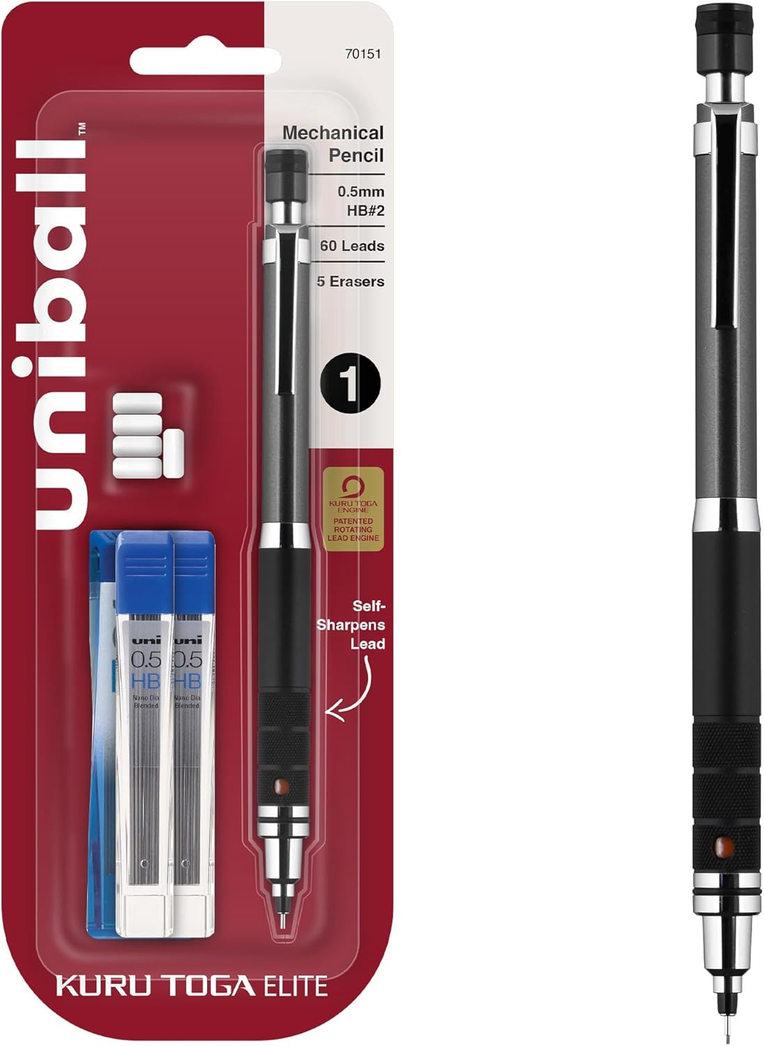 ball Kuru Toga Elite Mechanical Pencil Starter Kit, 0.5Mm, HB #2, Gun Metal Barr