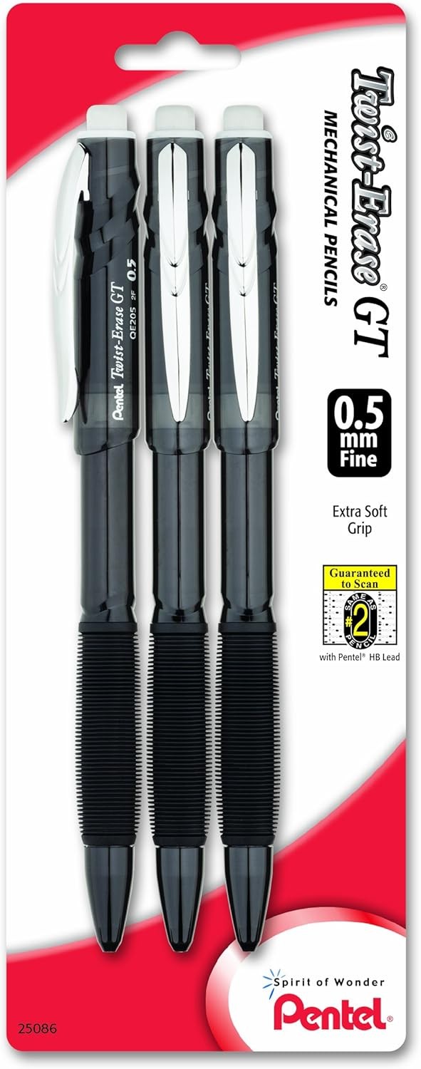 Pentel Twist-Erase GT (0.5mm) Mechanical Pencil, 3 Count (Pack of 1), Random