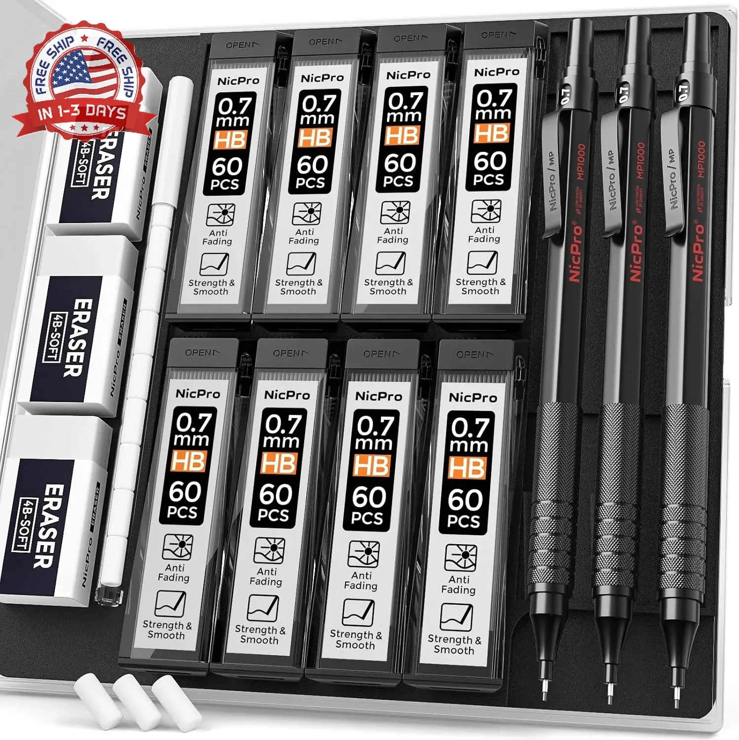 Nicpro Mechanical Pencils 0.7mm in Case, 3 Pack Metal Mechanical Pencils Set wit