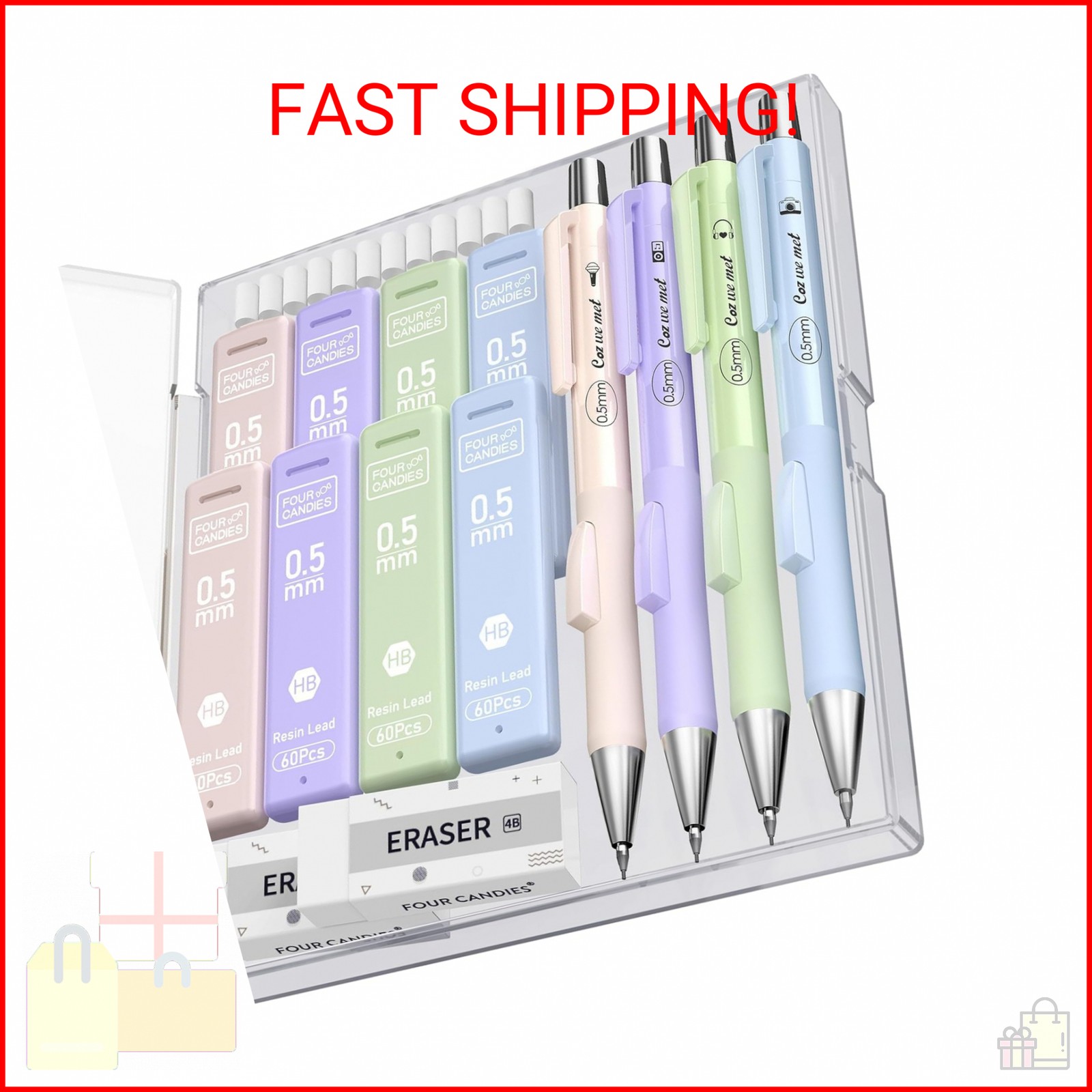 Four Candies Cute Mechanical Pencil Set with Case, 4PCS 0.5mm Pastel Fast Click