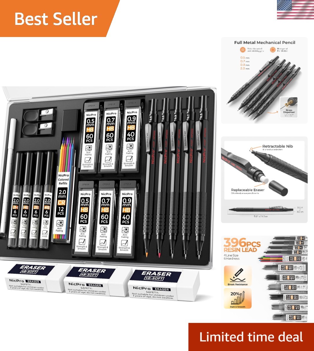 22PCS Metal Mechanical Pencil Set with 0.5-2.0mm Leads for Artists and Sketching
