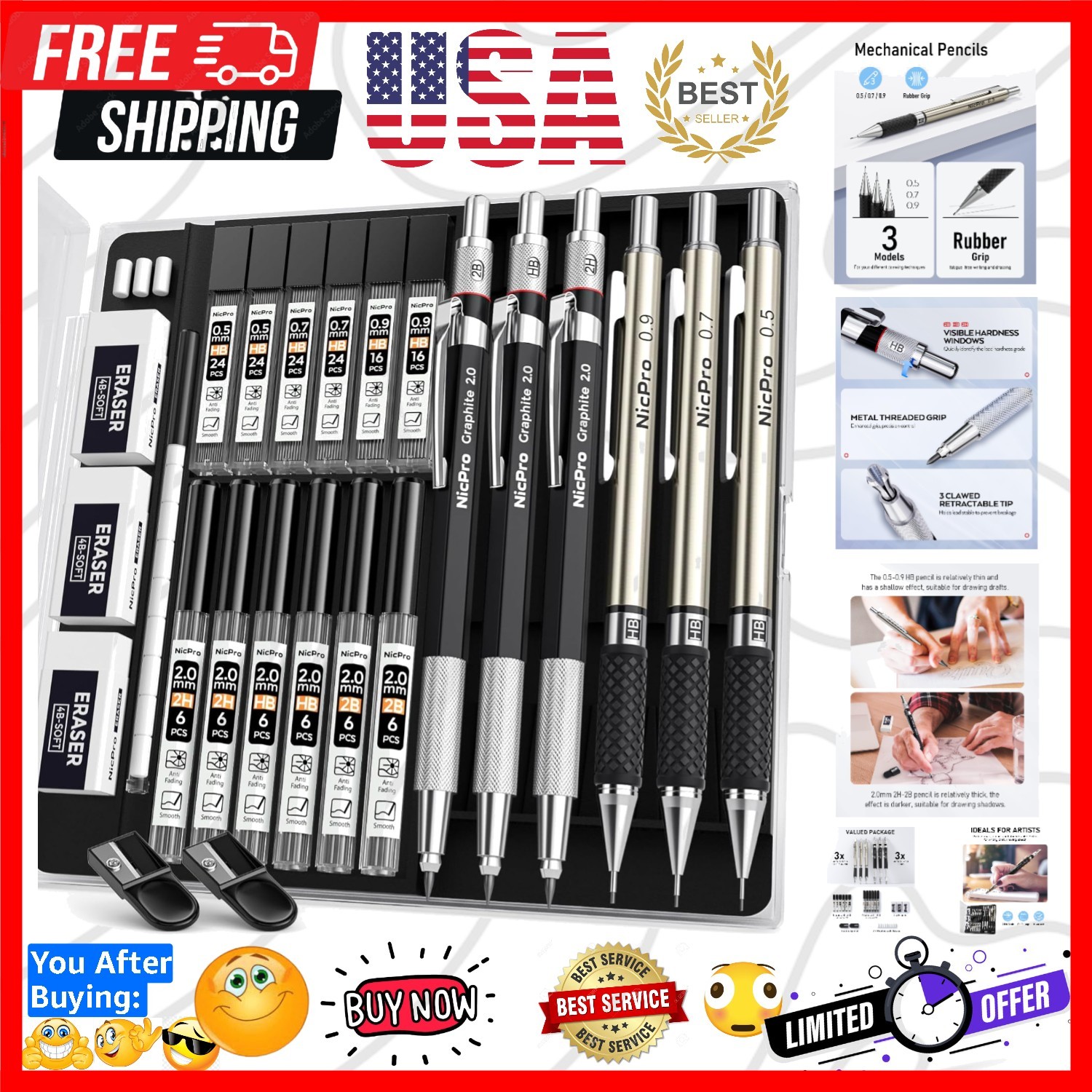 6PCS Art Mechanical Pencil Set, 3PCS Metal Drafting Pencil 0.5 mm & 0.7 mm & …