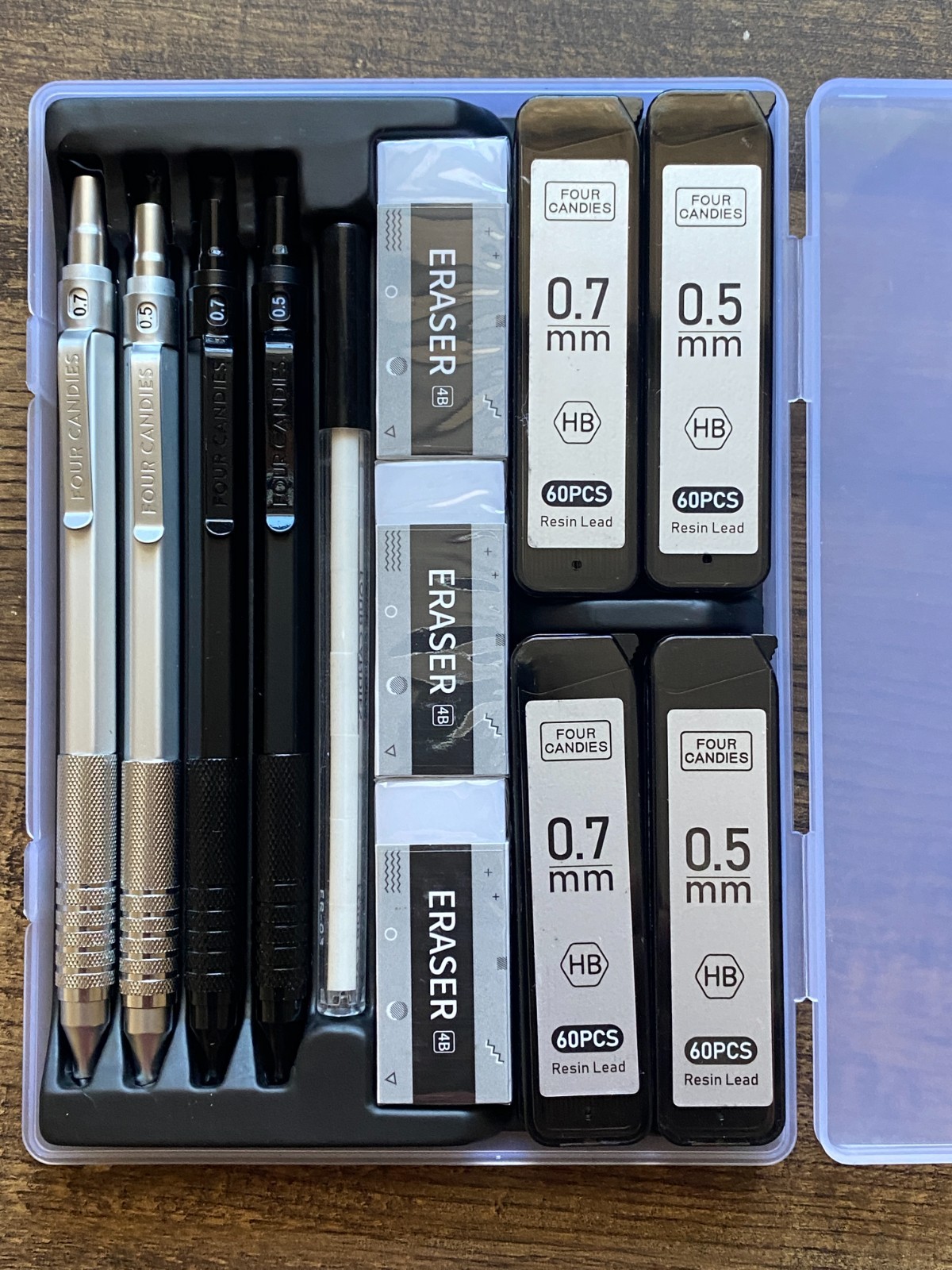 Four Candies Metal Mechanical Pencils Sets with Case 0.5mm, 0.7 mm & 2.0 mm