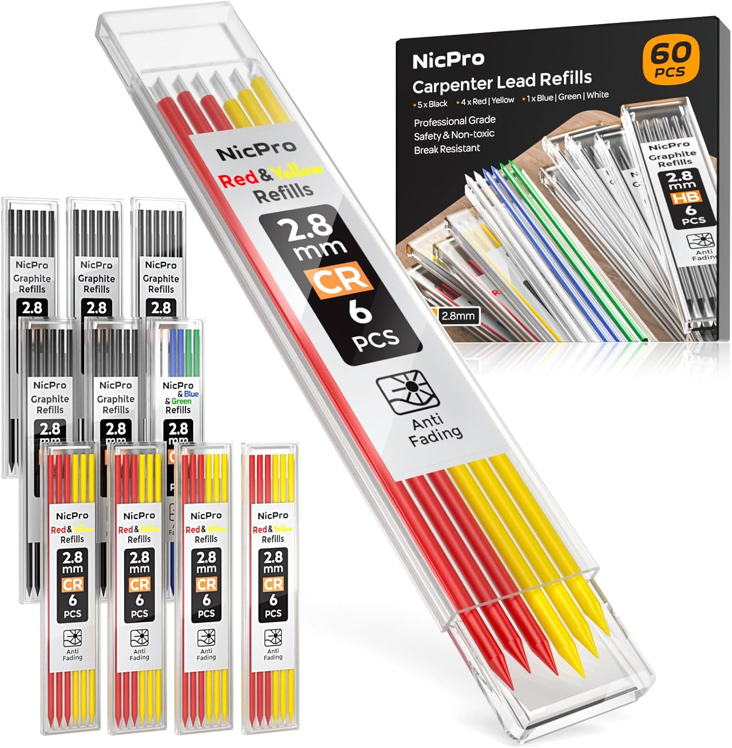 Nicpro 60 PCS Carpenter Pencil Lead Refills 2.8Mm, Lead for Carpenter Mechanical