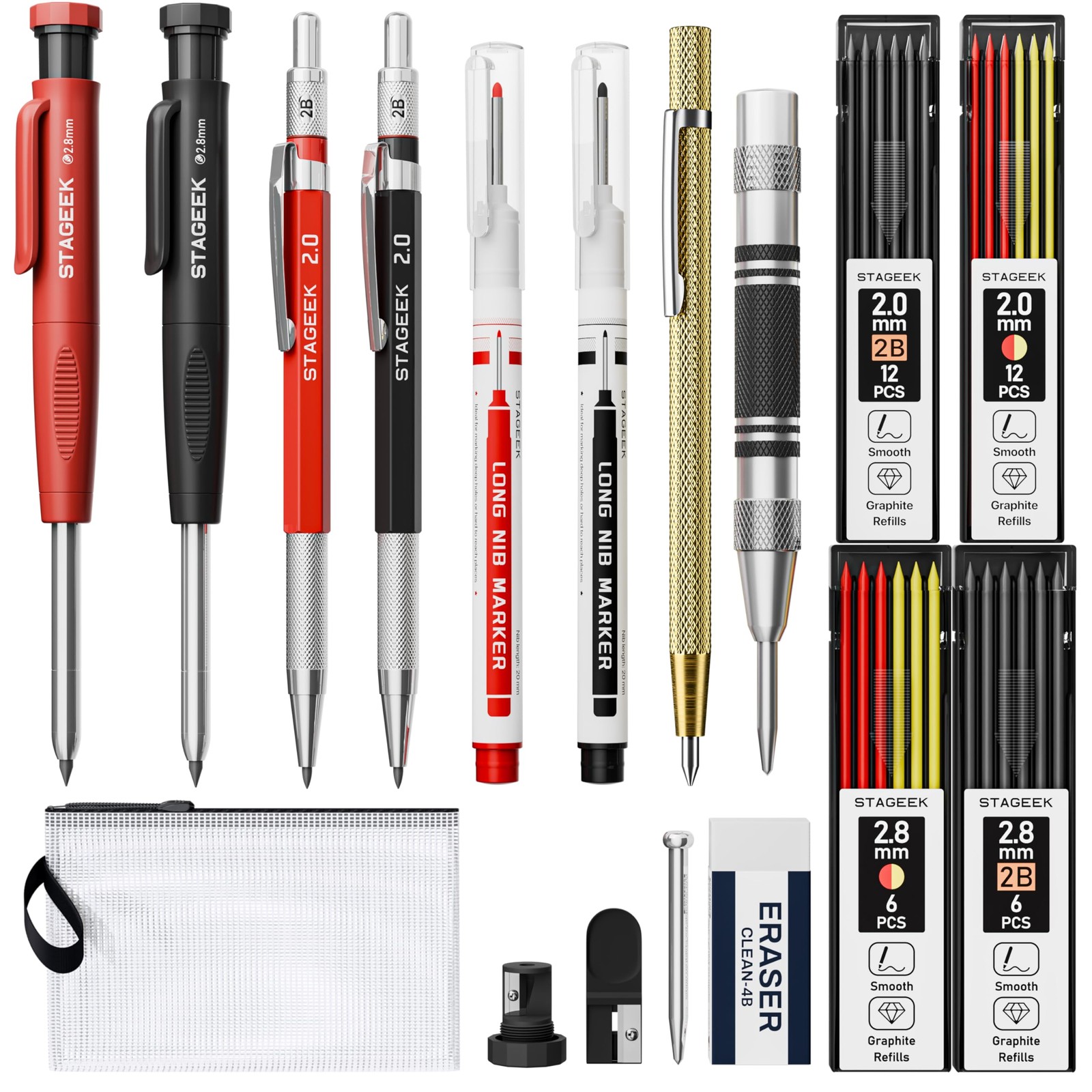 17 Pack Mechanical Carpenter Pencil Set with Sharpener 40 Red+Black(17pcs)
