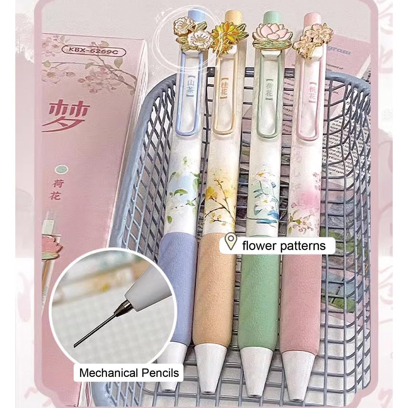 MOZXIRZ 4 Pcs Flower Mechanical Pencils with Refill and Eraser, 0.5mm Cute Me…