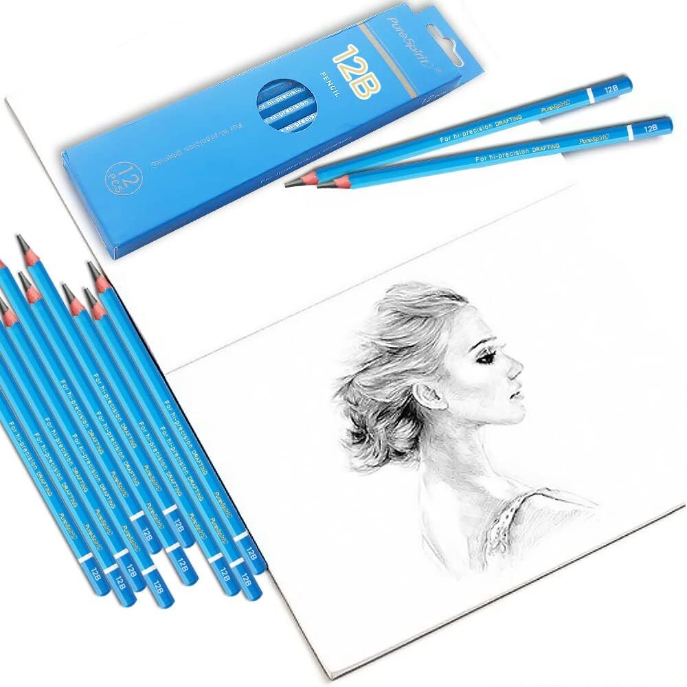 Sketch Pencils for Drawing 12B, 12pcs Softest and 1 Count (Pack of 12), Black