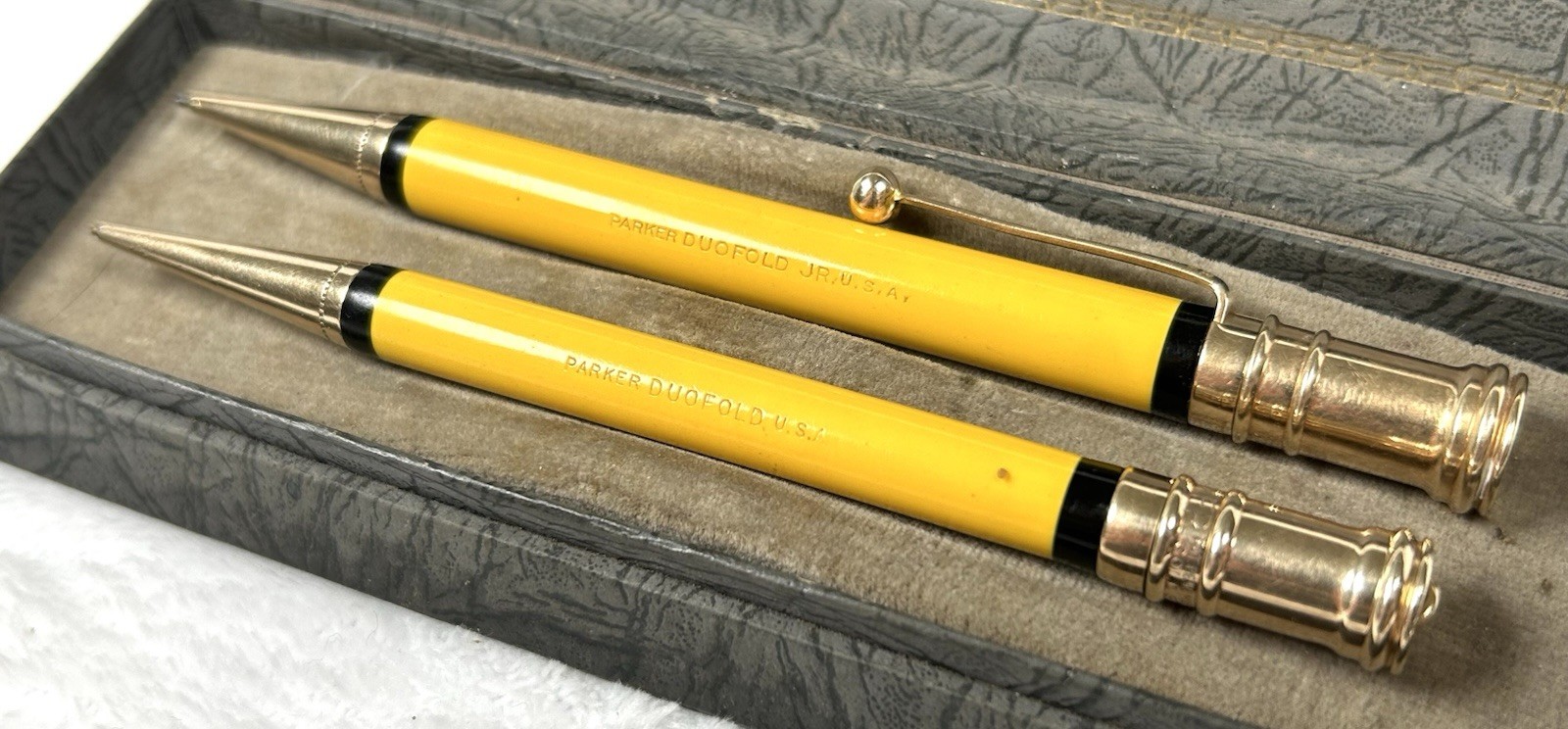 1920s Parker Duofold Mandarin Yellow Junior & Lady Mechanical Pencils w/ Box