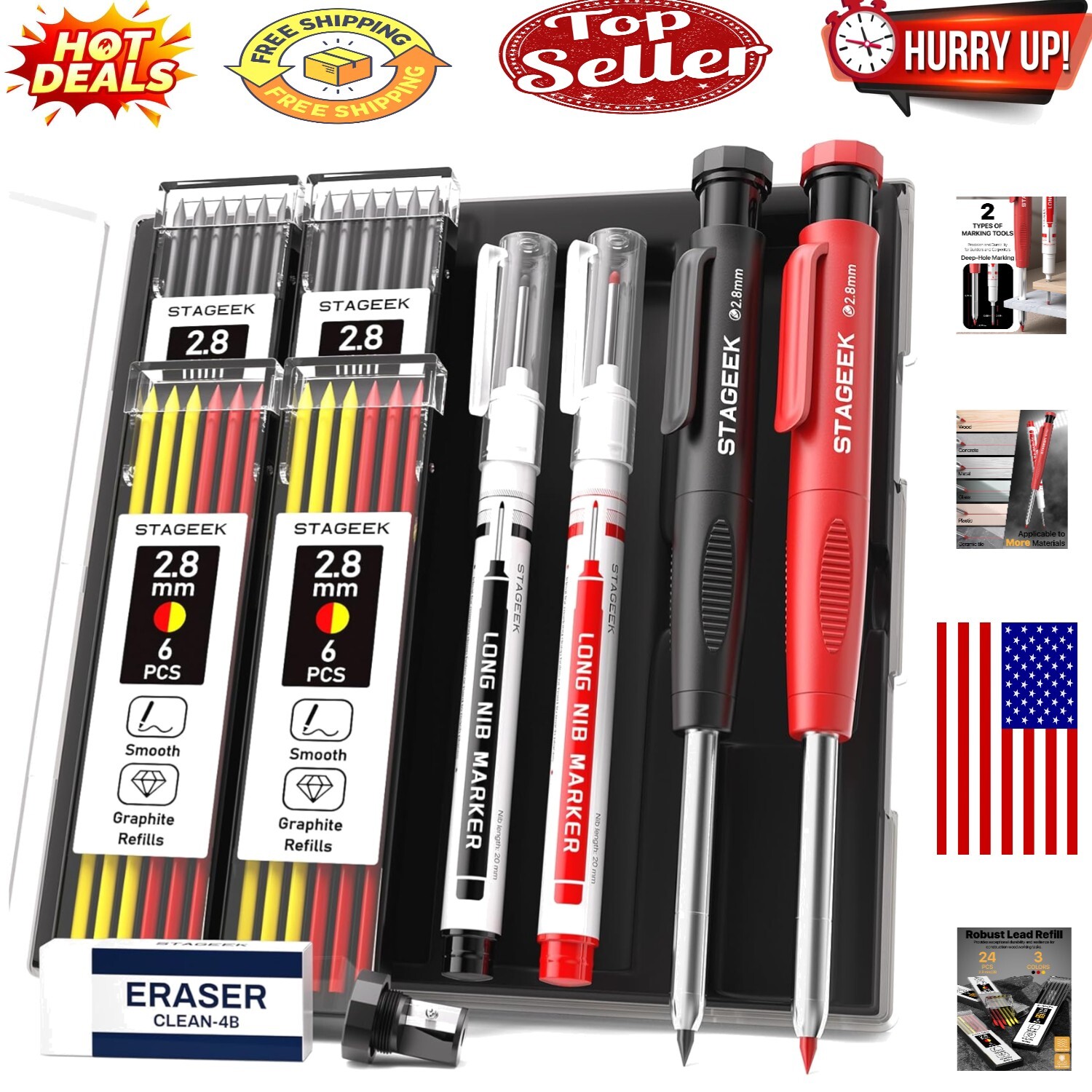 Carpenter Pencil with Sharpener, Mechanical Pencils Set with 26 Refills,