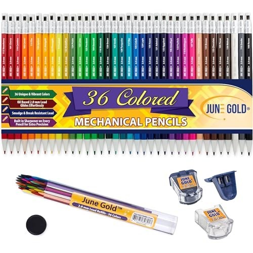 36 Assorted Colored 2.0mm Mechanical Pencils with Unique Leads & Extra Refills