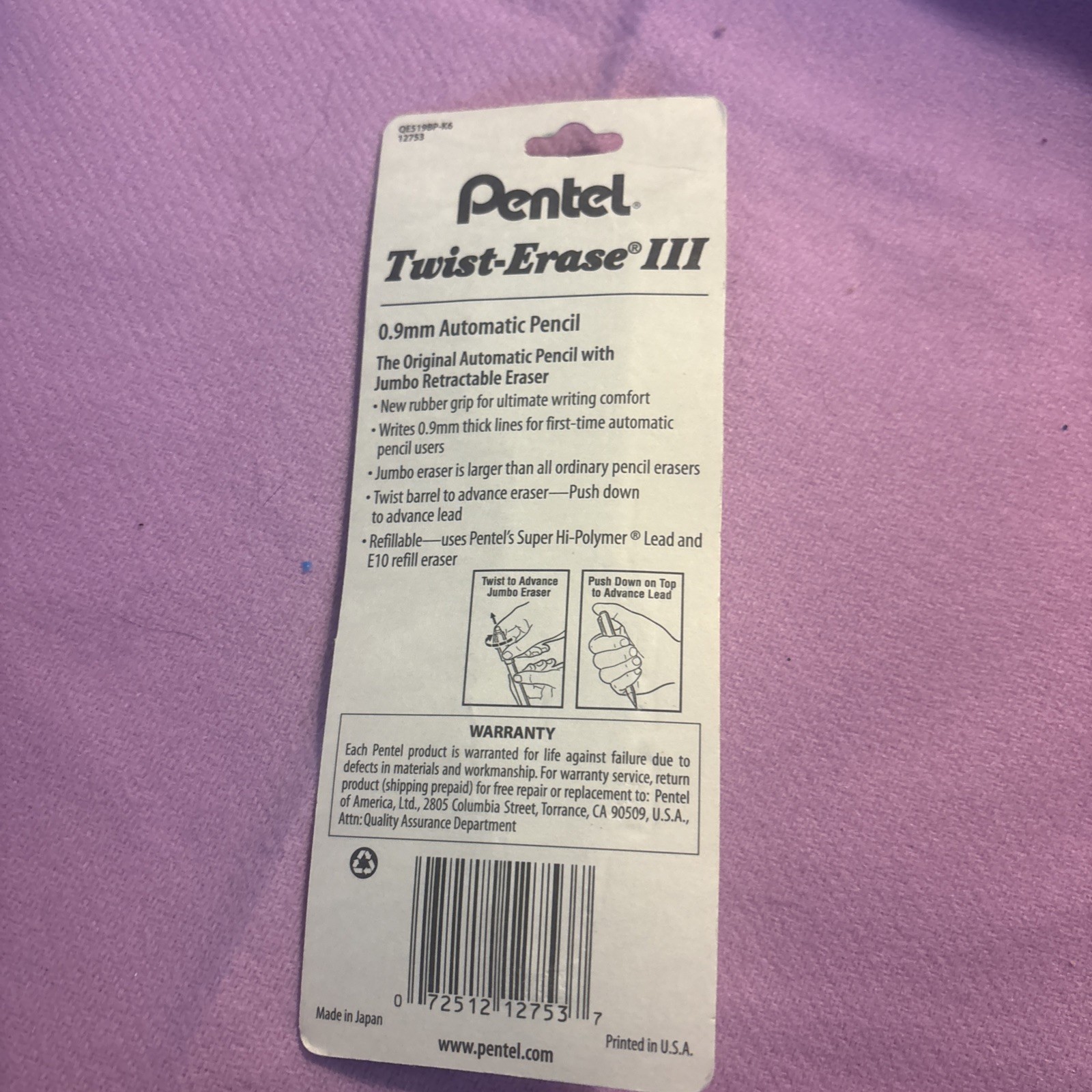 Pentel Twist-Erase III Refillable Mechanical Pencil with Jumbo Eraser 0.9mm New