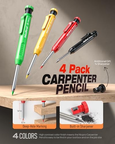 Carpenter Pencil with Sharpener, Mechanical 4 Pack Black,Red,Yellow,Green