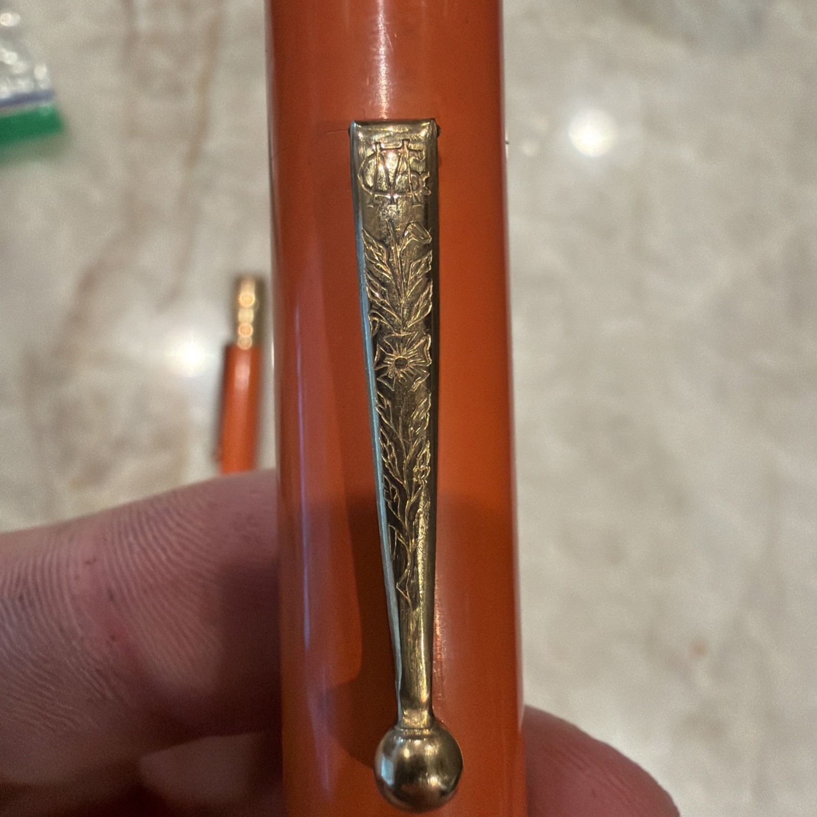 Gold Medal Vintage Red Orange Hard Rubber Pencil And Oversized Fountain Pen Set