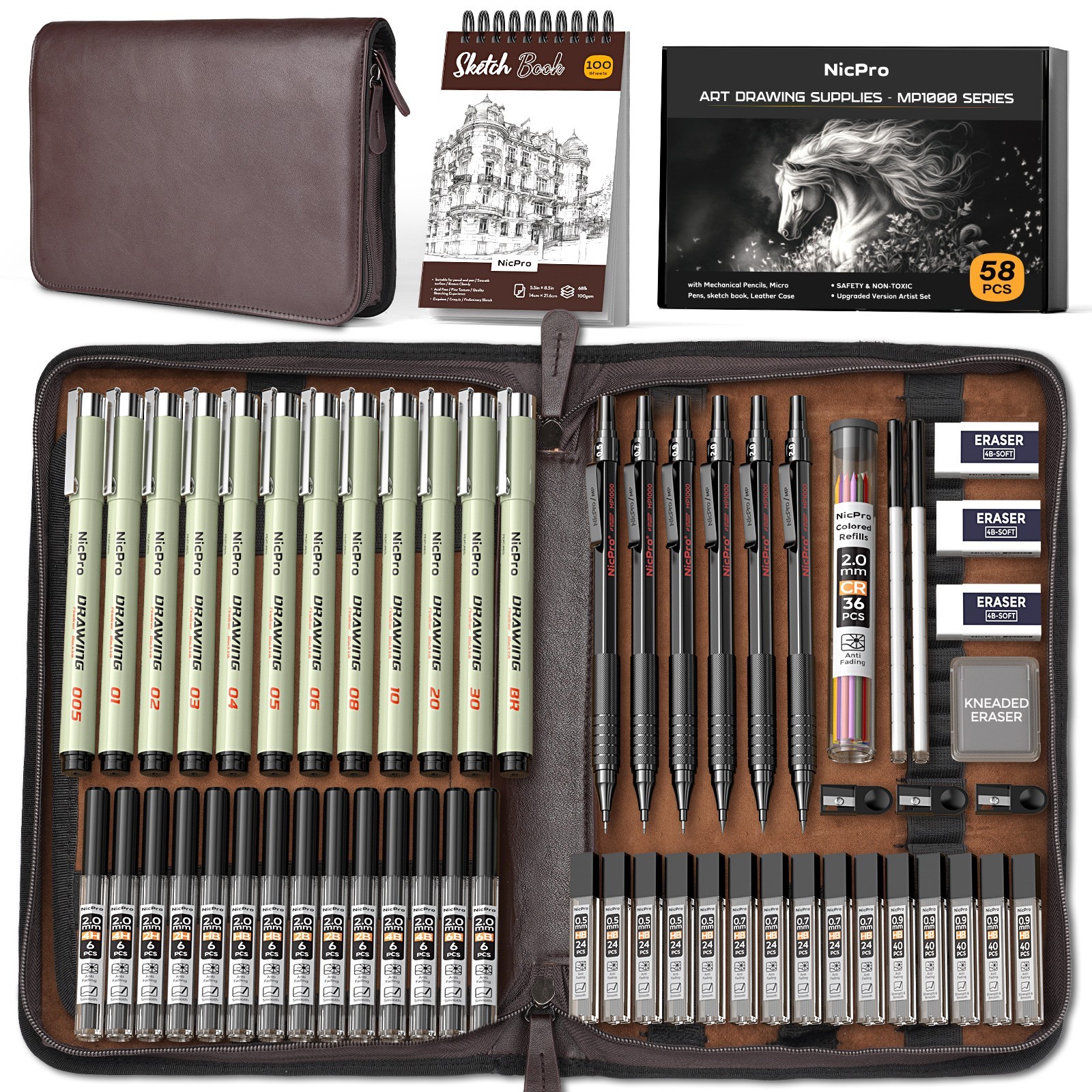 Nicpro 58PCS Art Drawing Supplies Kit in Leather Case