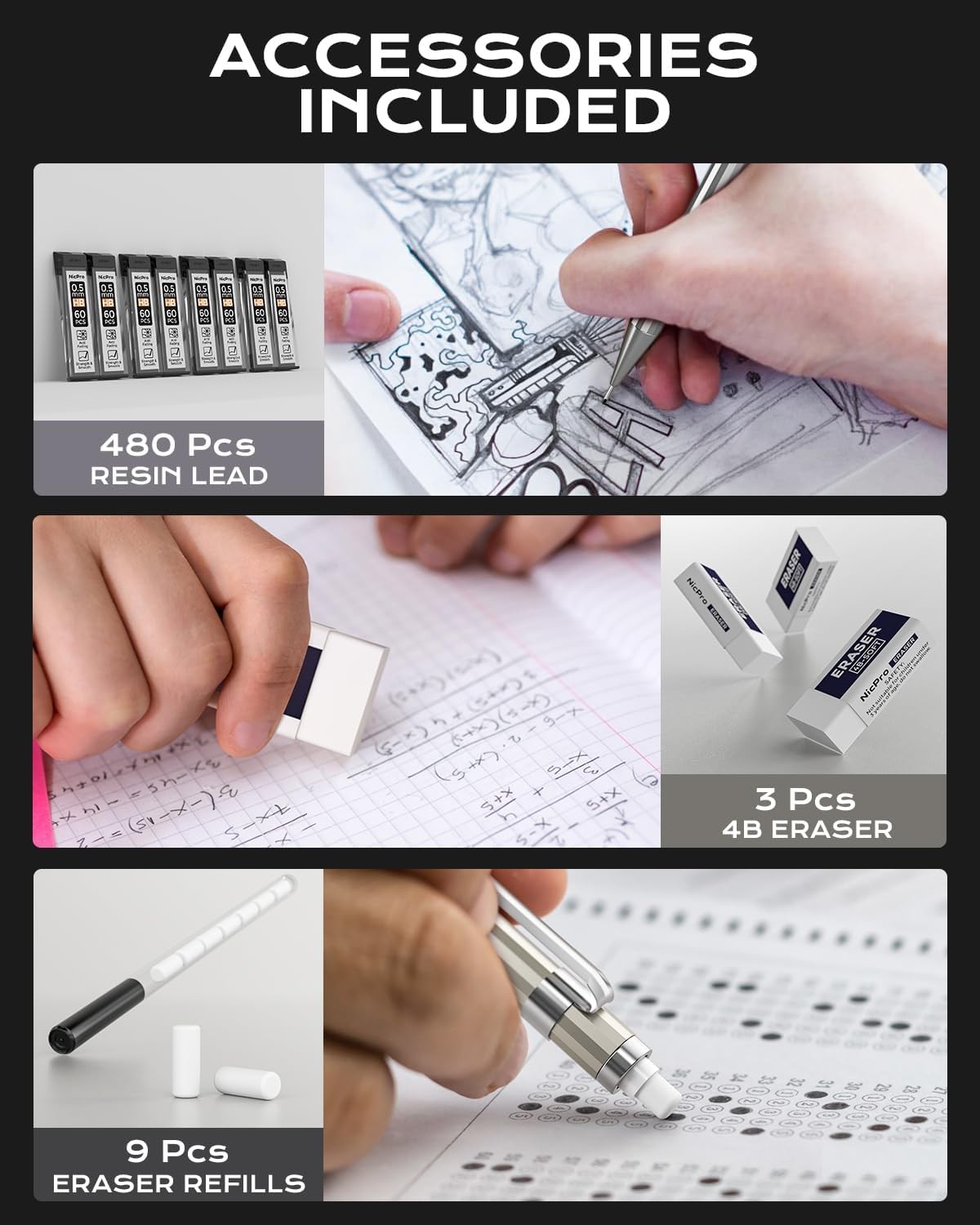 Nicpro 4 Pack Mechanical Pencil 0.5 mm with Case, MB1000 mm, Multicolor