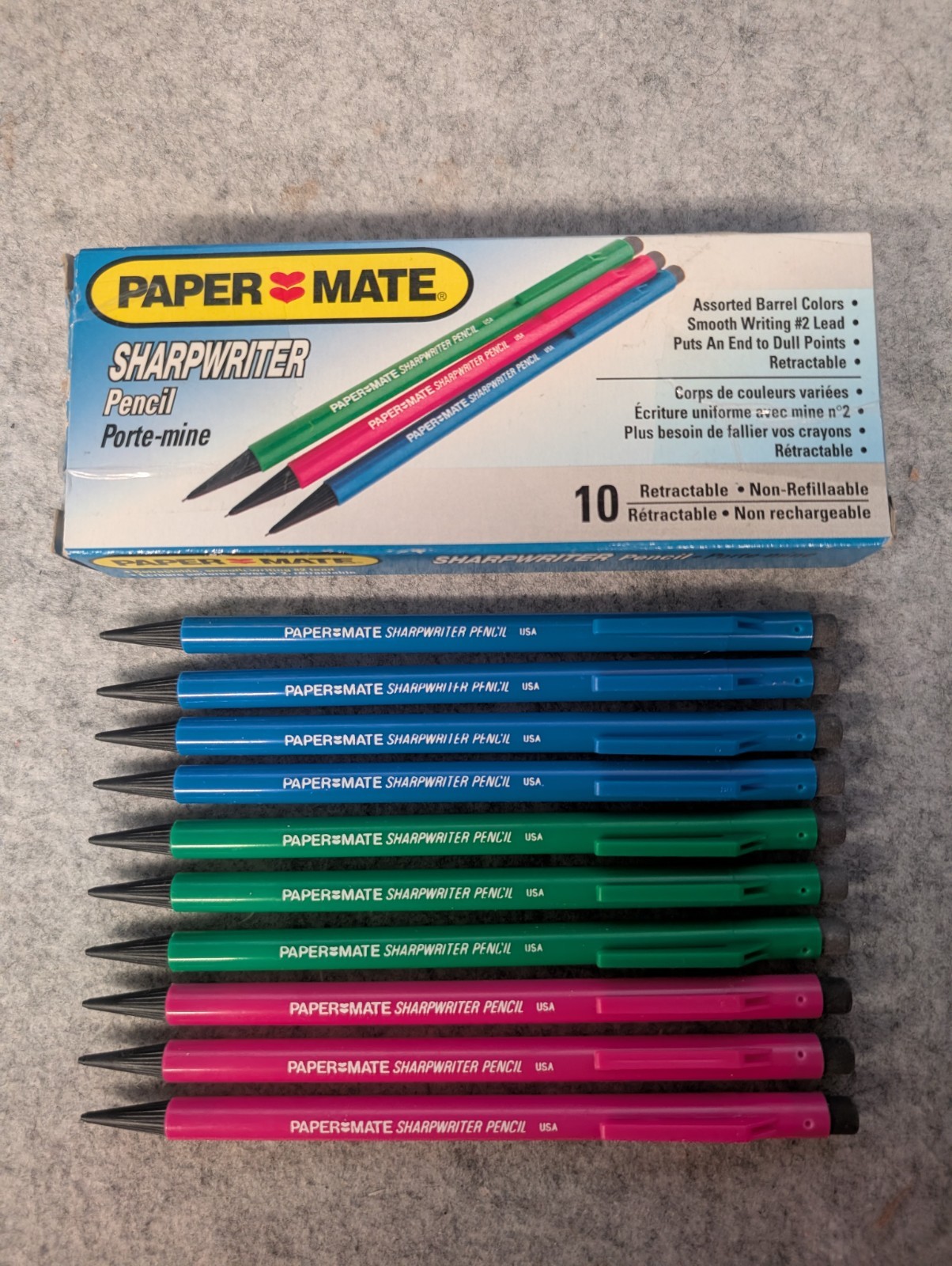 1 Box of 10 Paper Mate Sharpwriter Pencils in Pink, Blue, and Green 1993 Vintage