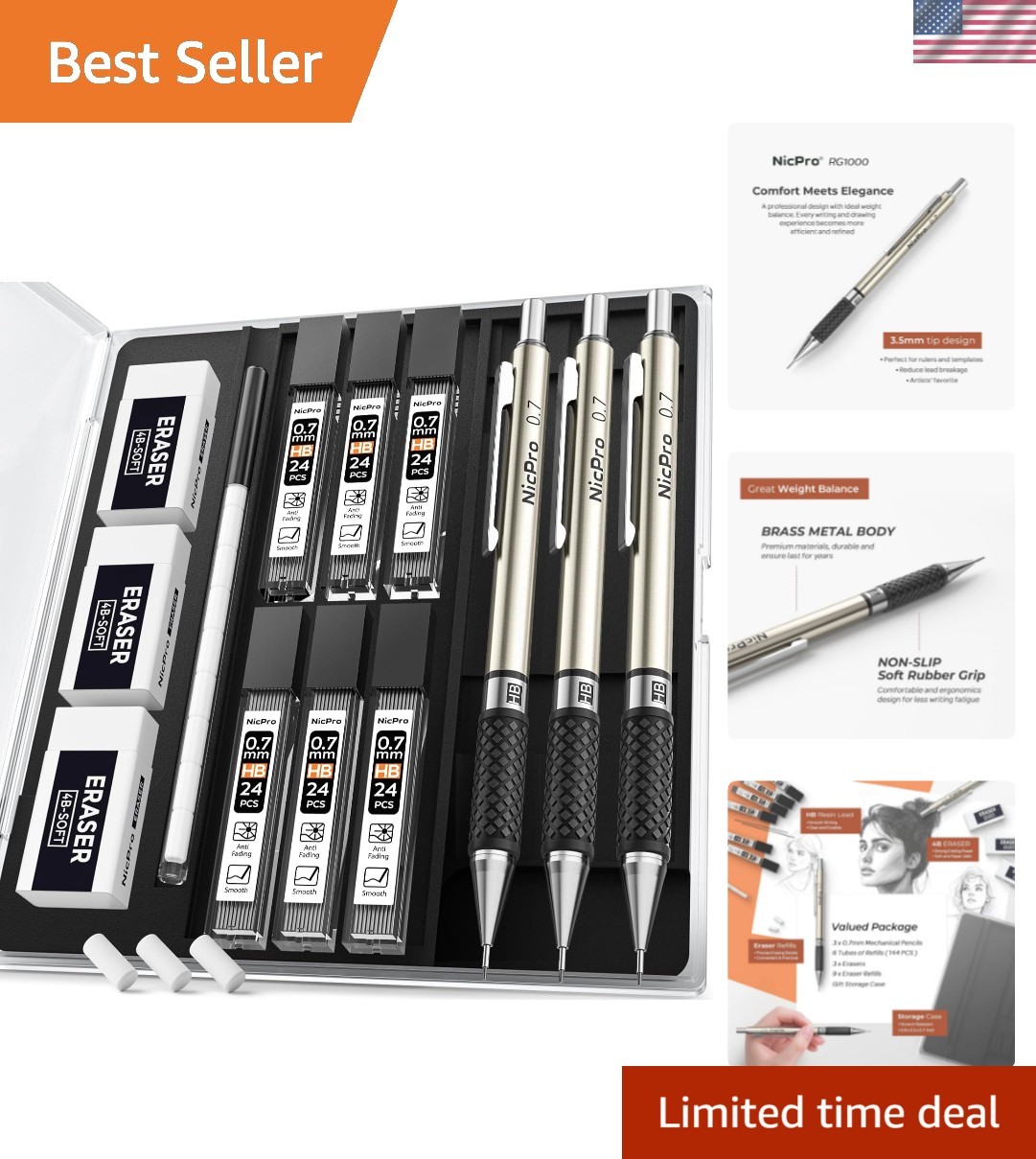0.7 mm Art Mechanical Pencil Set in Storage Case, 3 PCS Metal Drafting Pencil…