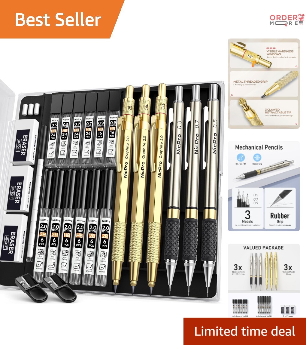 Mechanical Pencil Set Metal 0.5mm 0.7mm 0.9mm 2mm Lead Holder Drawing Sketching
