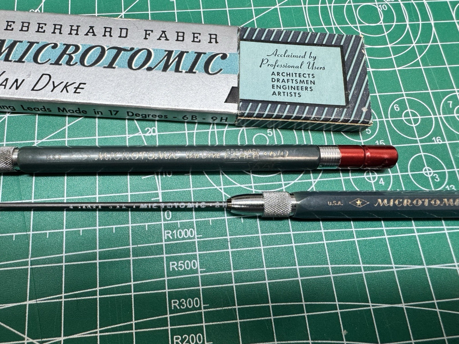 2 Eberhard Faber Microtomic Green Lead Holders with Van Dyke & Boxed 4H Leads