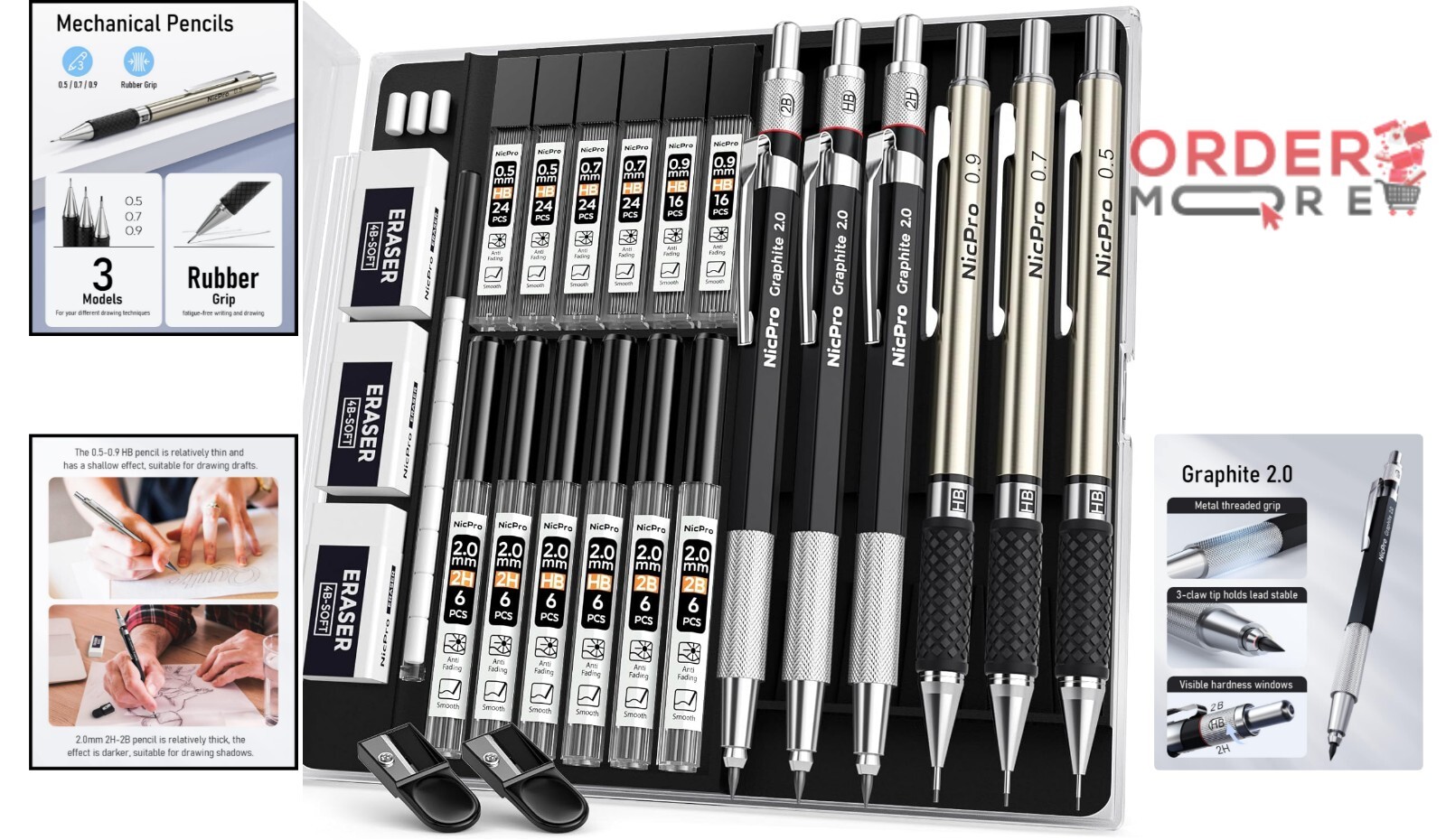 Versatile 6PCS Mechanical Pencil Set with Erasers & Sharpeners – Perfect for All