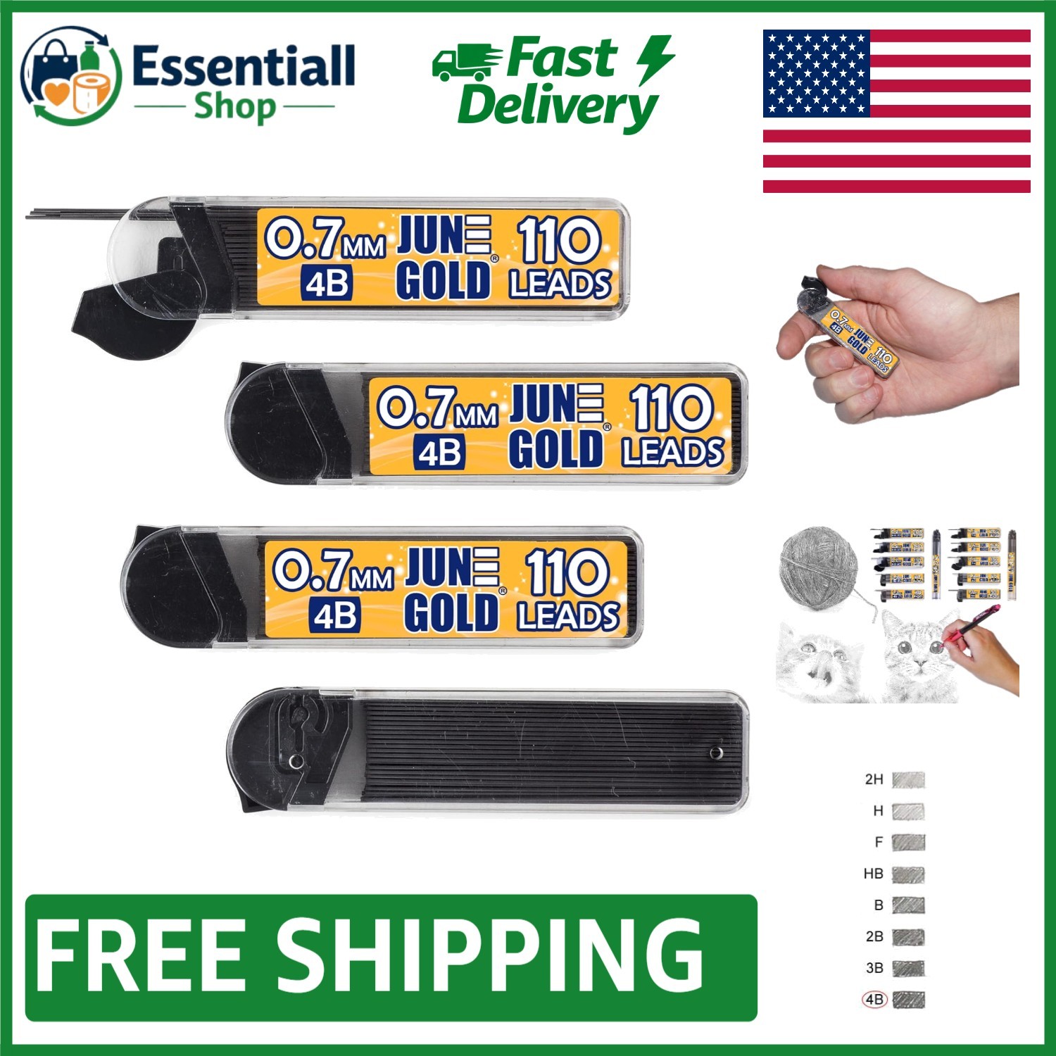 4 Dispensers of 0.7mm 4B Graphite Lead Refills – Total of 440 High-Quality Leads