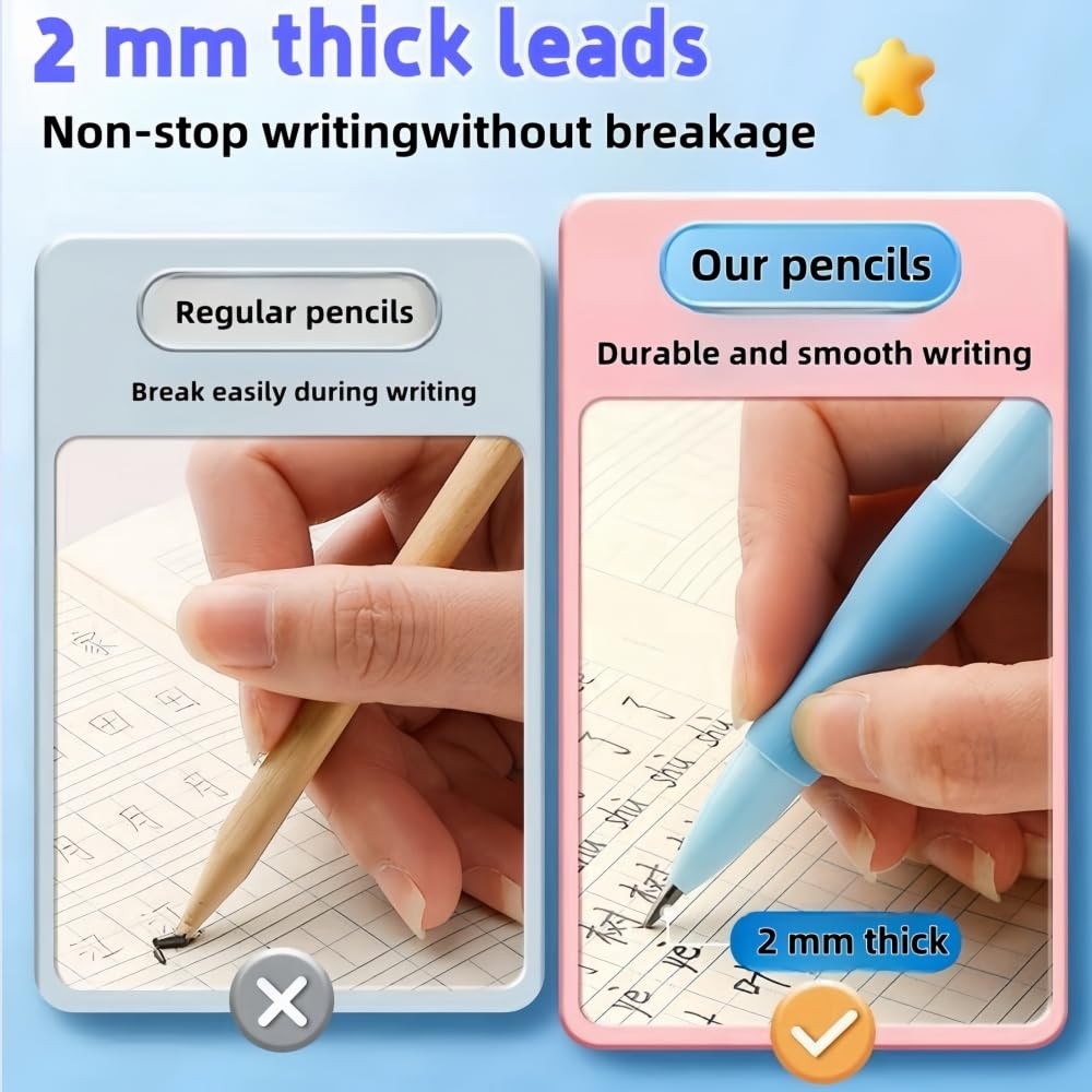 Handwriting Thick Mechanical Pencils Grip 2.0MM HB Kids 14 Leads 6 PCS