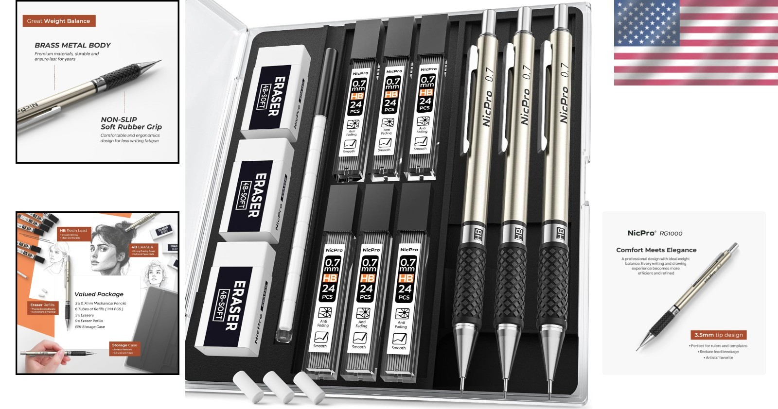 Mechanical Pencil Set with Erasers, Lead Refills – 0.7mm Comfort Grip