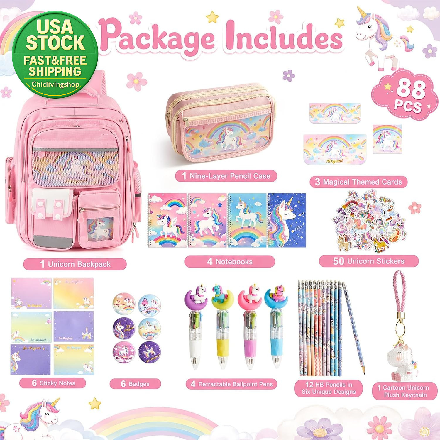 88PCS Unicorn Backpack Stationery Set School Supplies Kids Magical Gift Kit