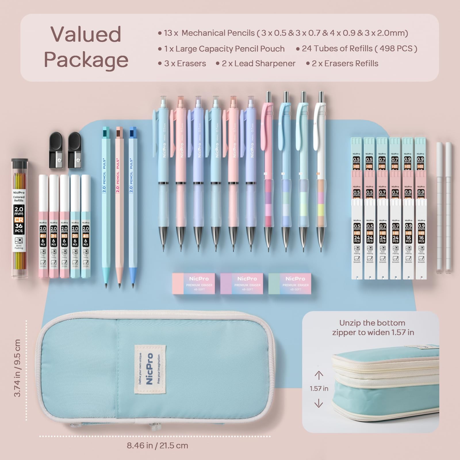 Nicpro 45PCS Aesthetic School Supplies with Pencil Case, Pastel 45 PCS, Blue