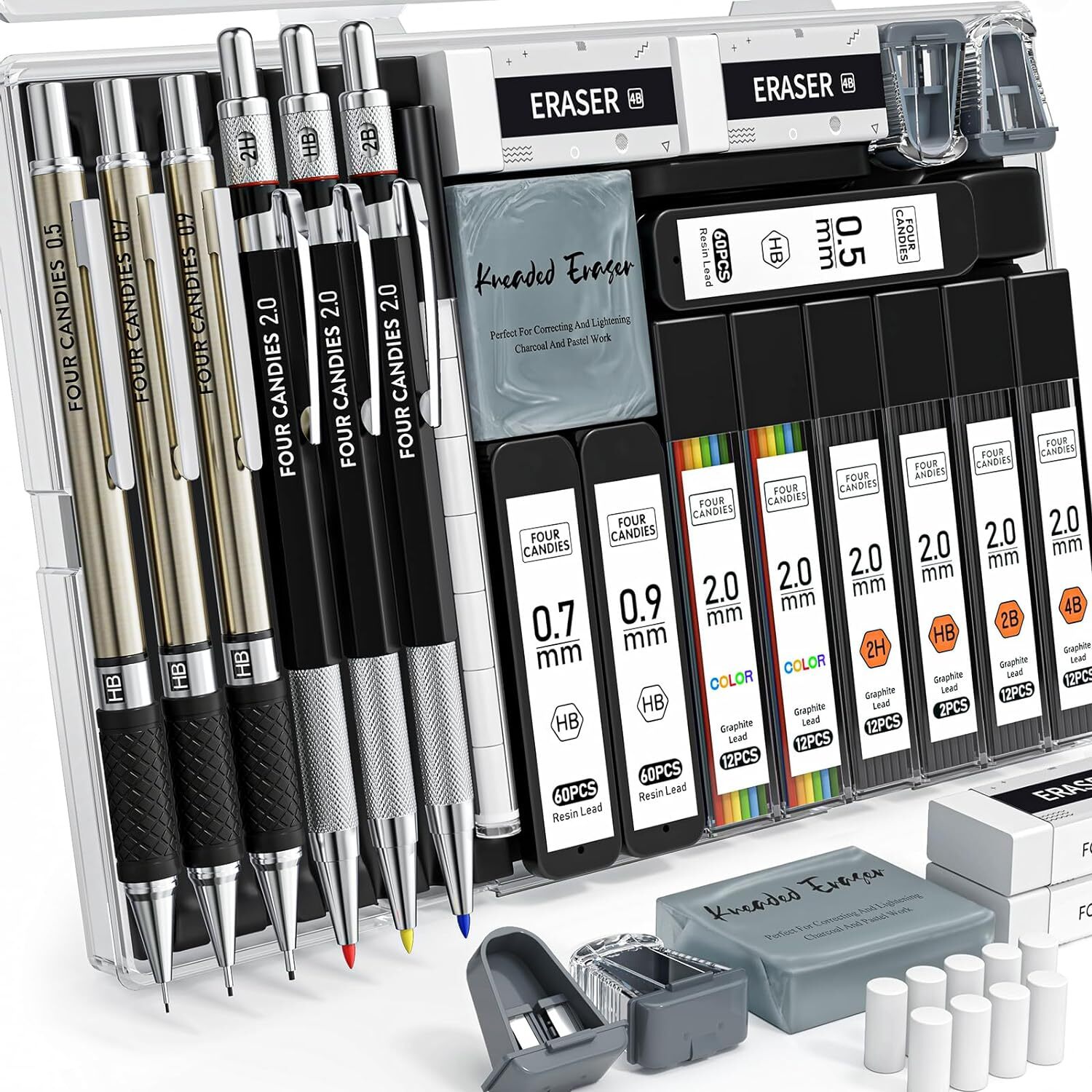 Fourcandies 25PCS Art Mechanical Pencil Set with Case, 3PCS Metal Artist Lead Pe
