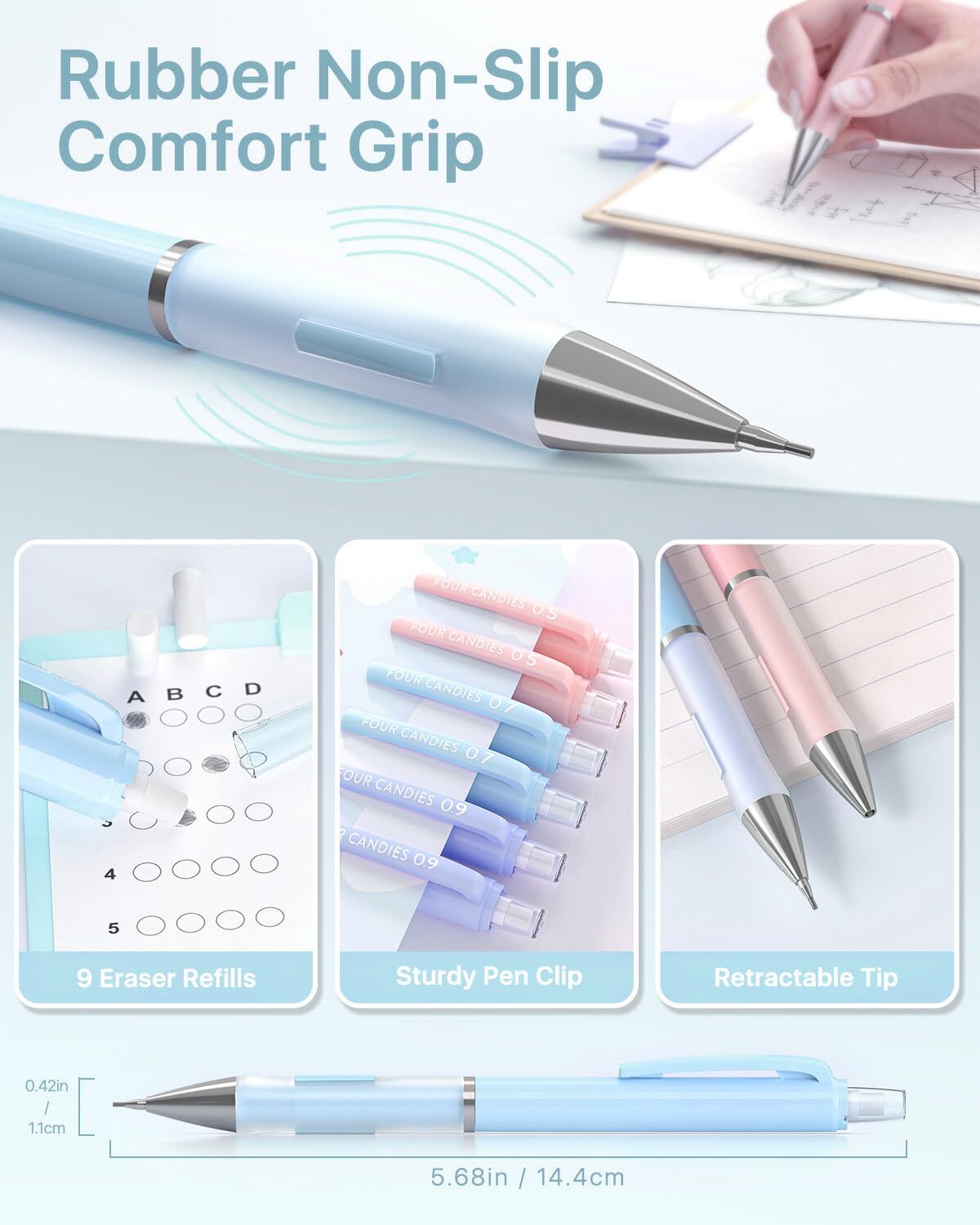 6 Pack 0.5/0.7/0.9mm Mechanical Pencil Set w/ Lead Refills & Erasers for Drawing