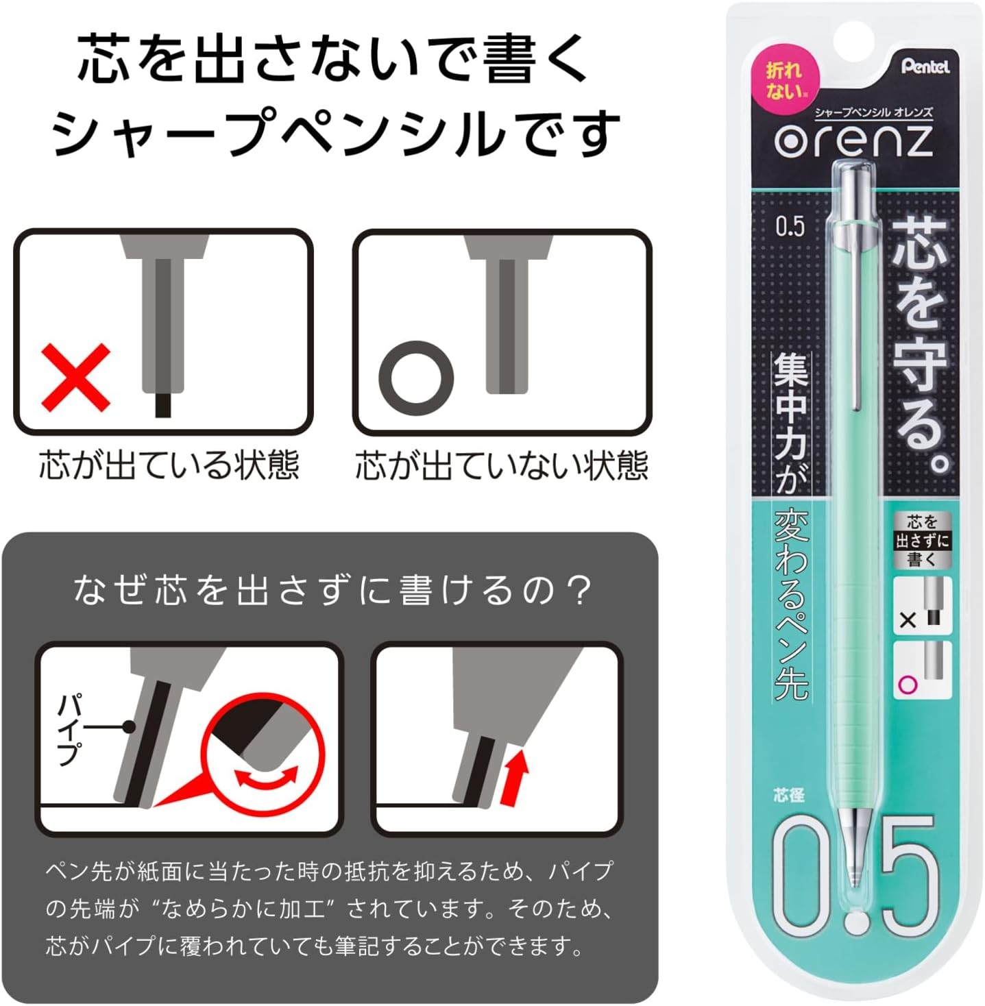 Pentel Core Not Break Mechanical Pencil, Mint 1 Count (Pack of 1), green