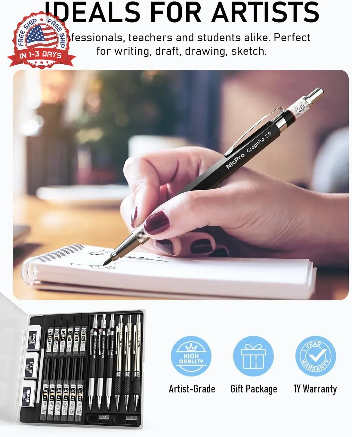 Nicpro 6PCS Art Mechanical Pencil Set, 3PCS Metal Drafting Pencil 0.5 mm & 0.7 m