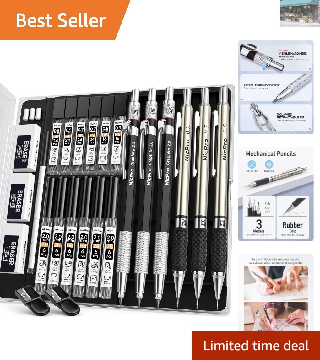 Ergonomic 6PCS Drafting Pencil Set with 4 Lead Sizes for Artists and Engineers