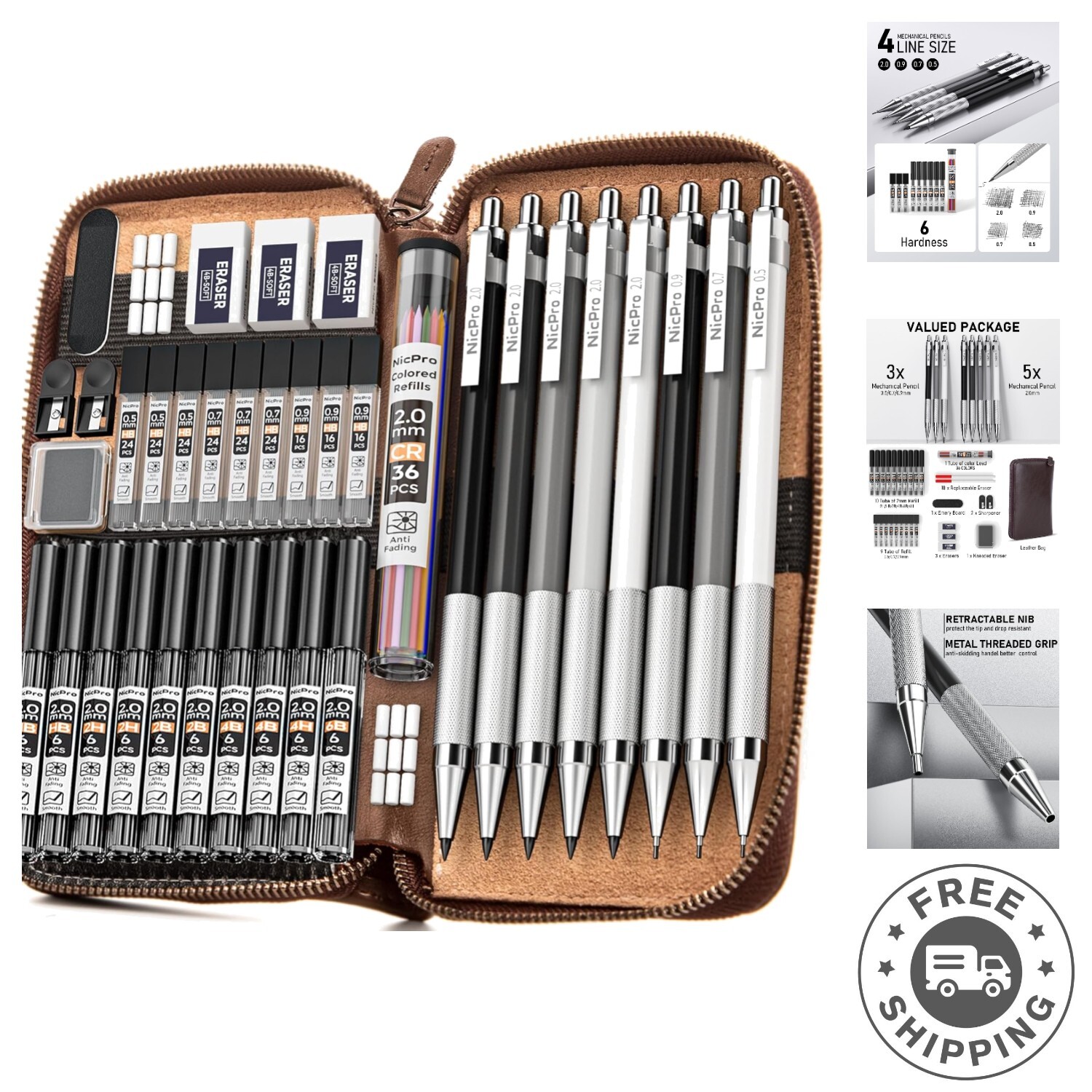 Professional 38PCS Mechanical Pencils Set with Multi-Hardness Leads & Erasers