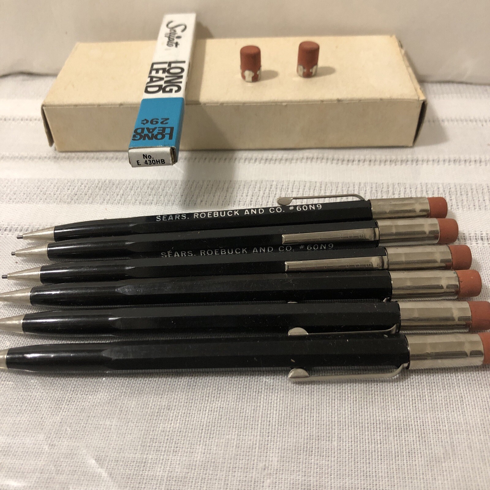 Scripto #60N9 Mechanical Pencils Vintage X6 Black * Pack Long Lead+ 2 Erasers￼