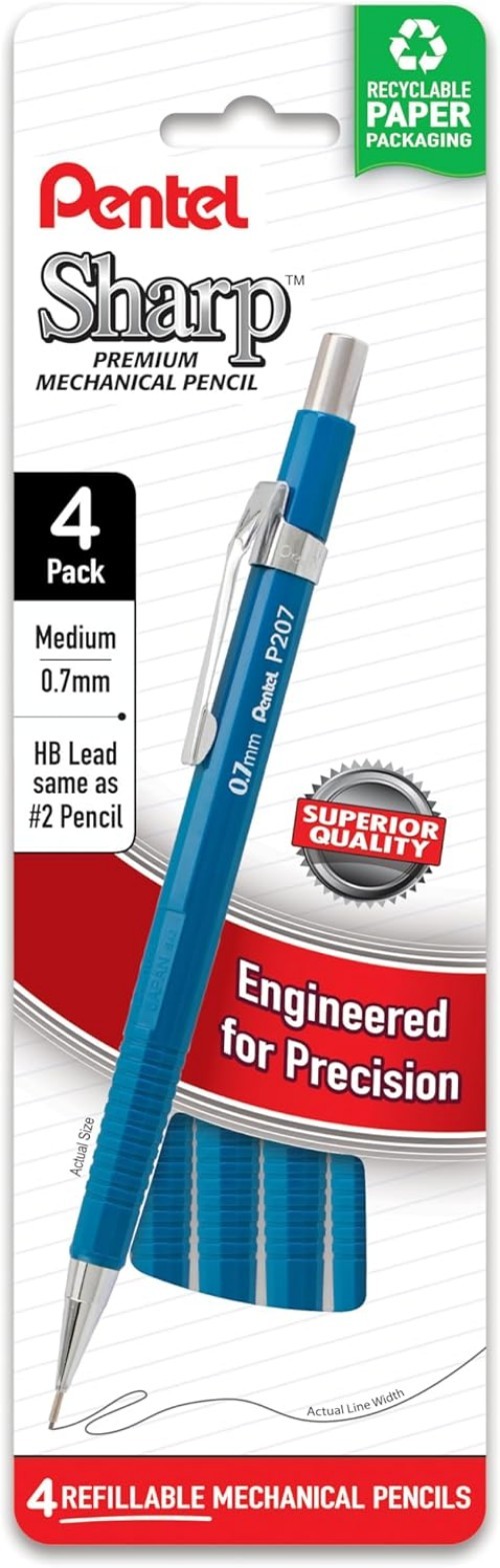 Sharp Mechanical Pencil, 0.7mm, Medium Line, Blue Barrel, Pack of 4 P207PF4C