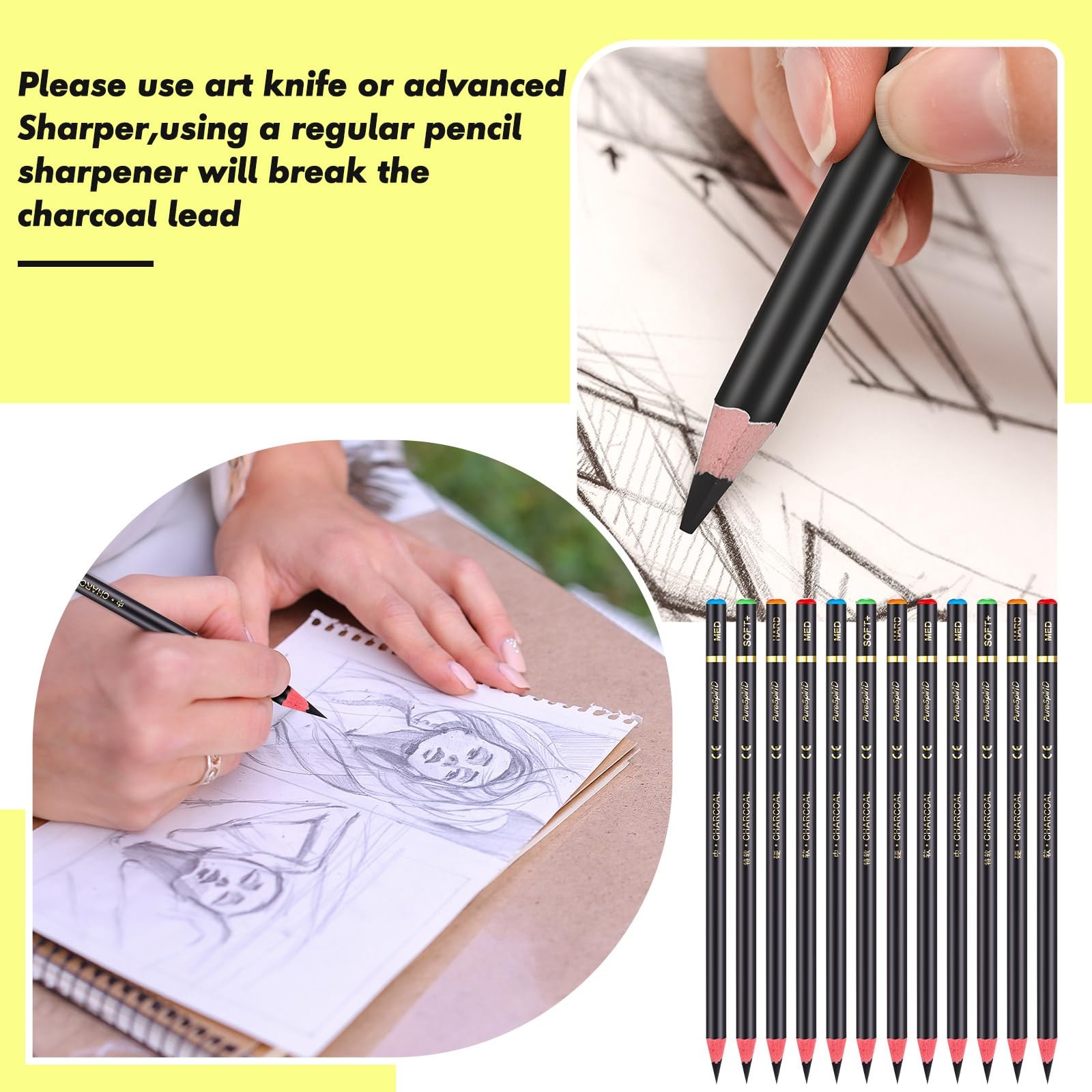 Resurhang 100 Pcs Charcoal Pencils Drawing Set, bulk Black