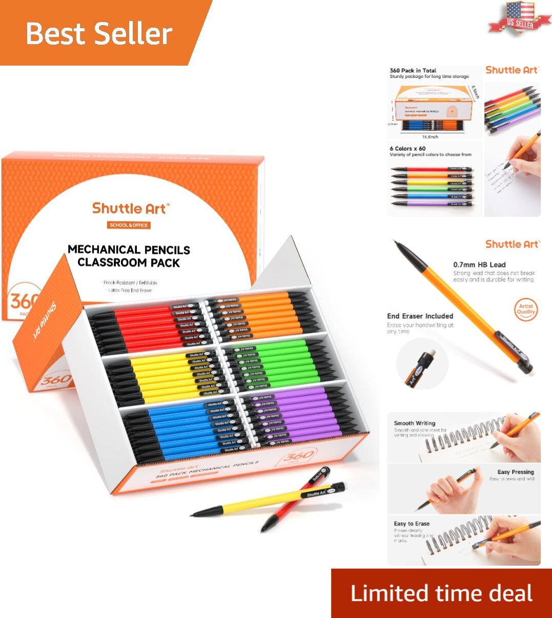 Non-Toxic Bulk Mechanical Pencils 0.7mm – 360 Pack with End Erasers for Easy Use