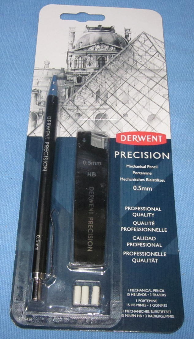 Derwent Precision Mechanical Pencil 0.5mm ~ One Pencil 15HB Leads, 3 Erasers