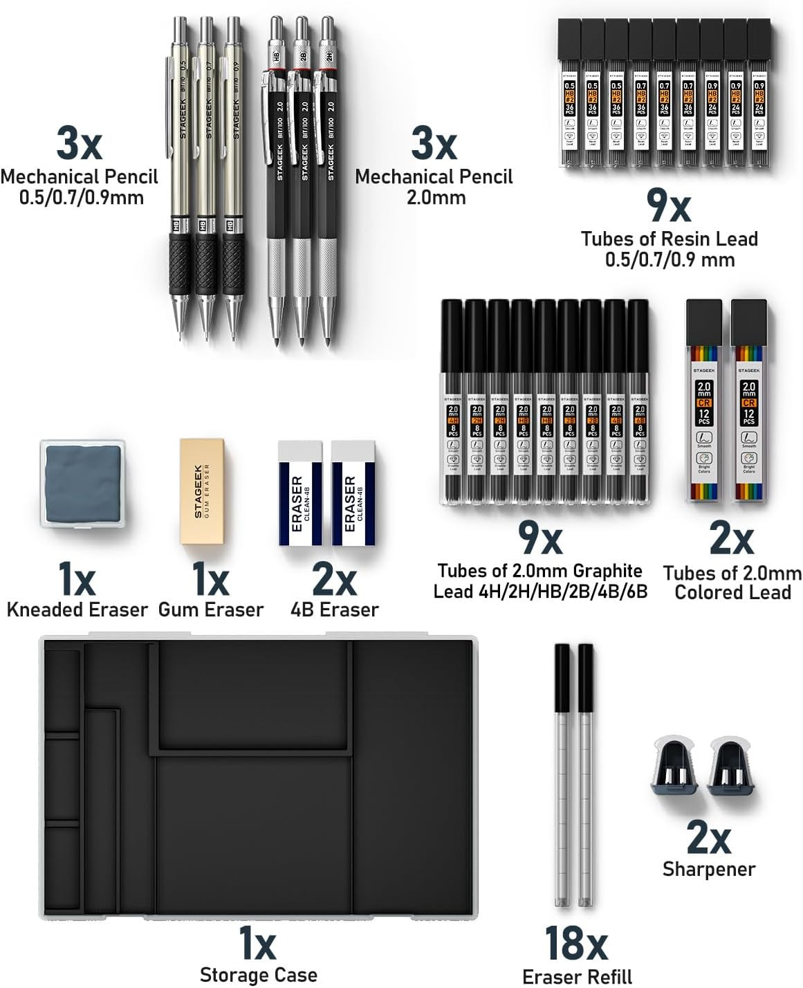 Mechanical Pencil Set with Case 34 Count, Drawing Pencils 0.5, 0.7, 0.9MM & 3PCS