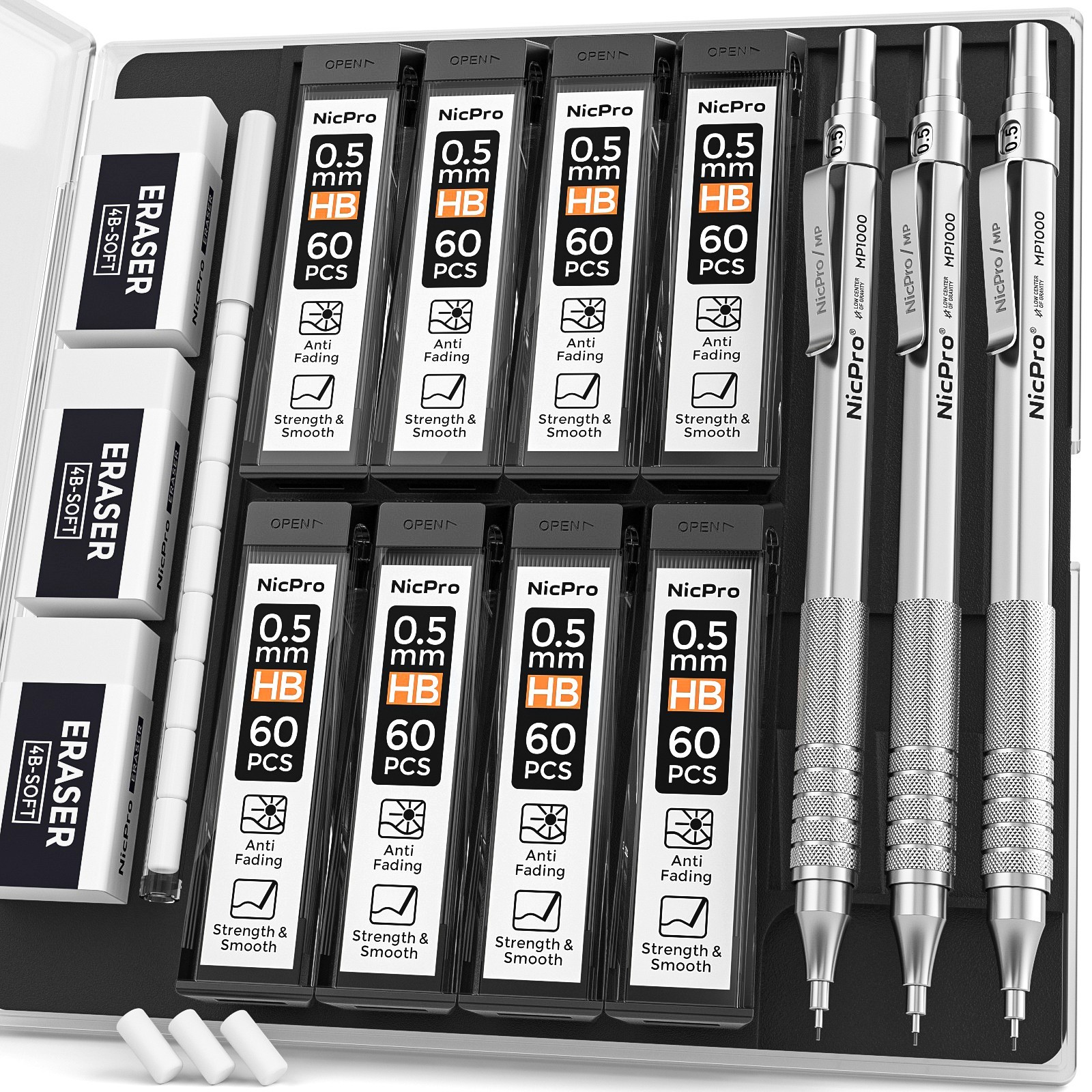Nicpro 0.5mm 3PCS MP1000 Metal Pencils Case, 8 HB Refills, 12 Erasers