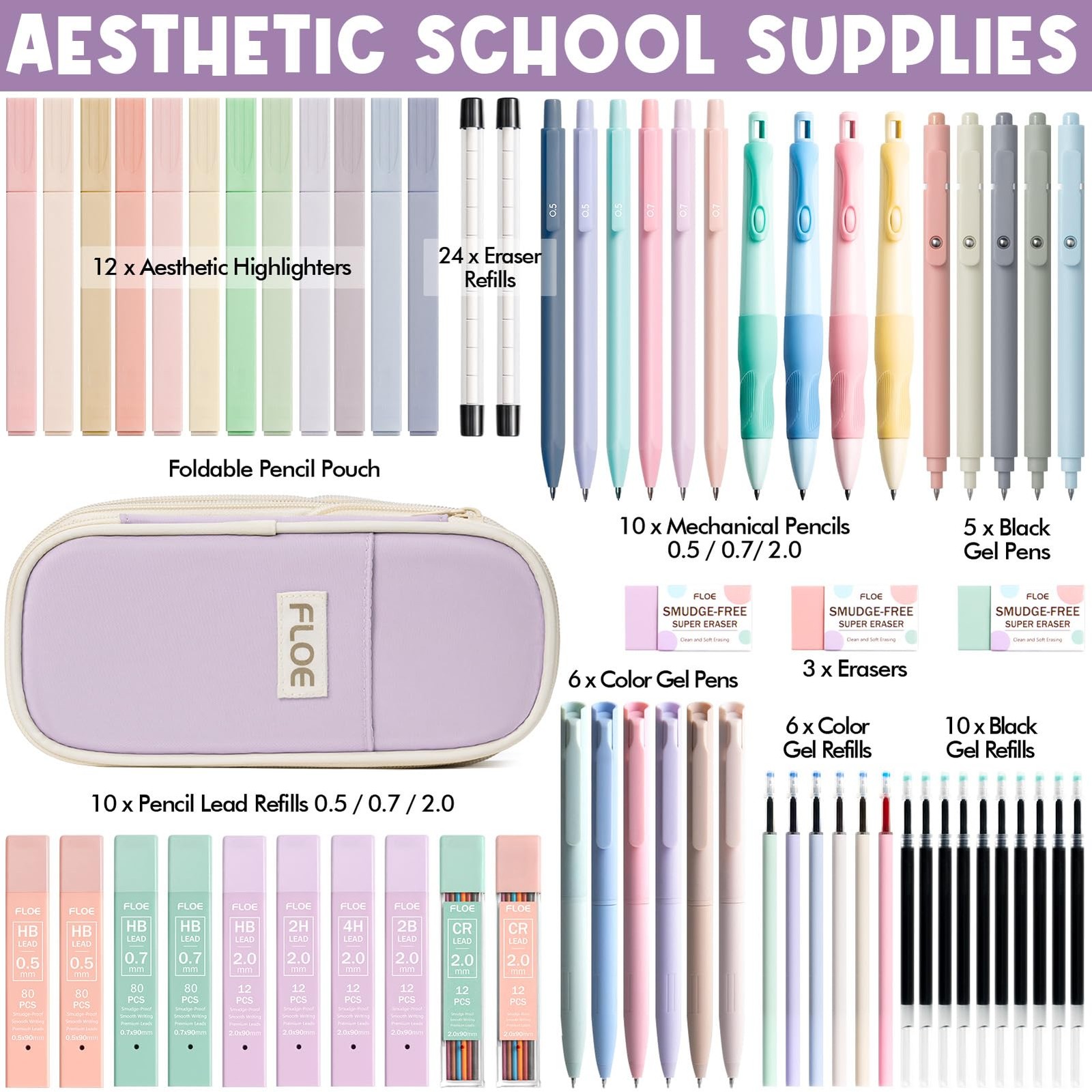 65PCS Aesthetic School Supplies with Cute Pencil Case, Pastel Highlighters Ge…