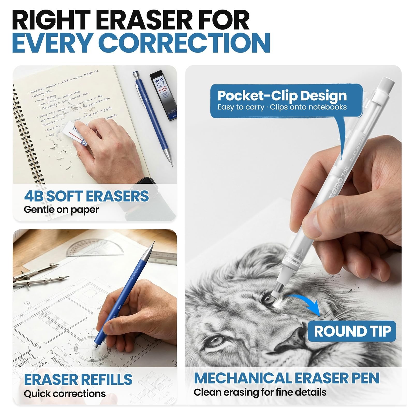 0.7mm Mechanical Pencil Set – 4 Metal Pencils, 480 HB Lead Refills, Erasers for