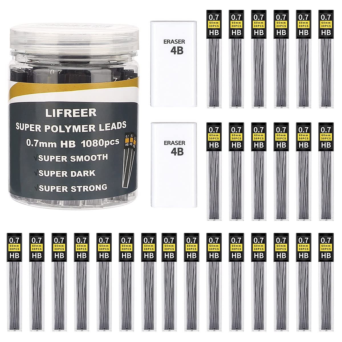 0.7 Lead Refills (1080 Pcs), Unbreakable 0.7 mm Lead Refills and 2 Premium Er…