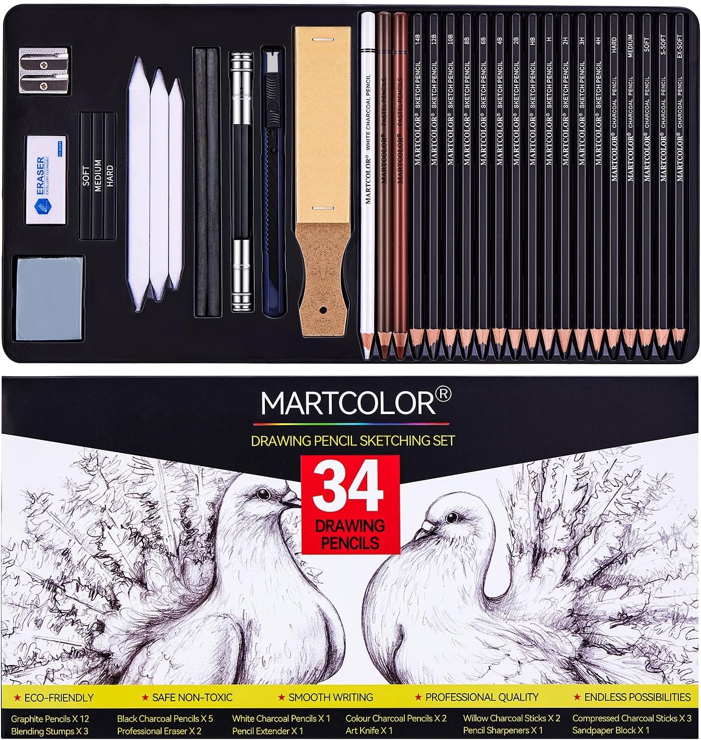 Drawing Sketching Pencils Set, 34 1 Count (Pack of 34), Black – 34 Pack