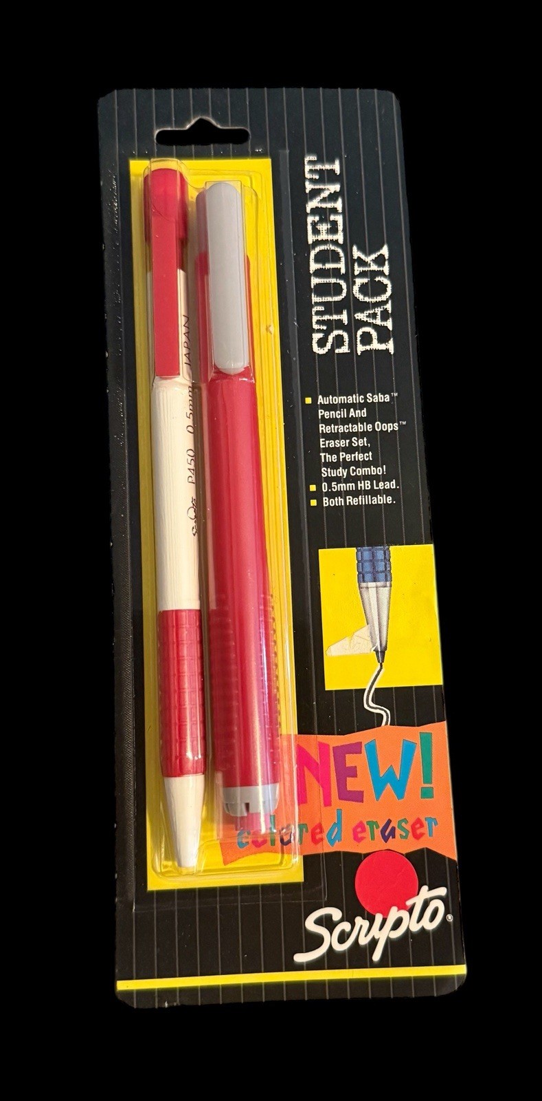 Vintage 1991 Scripto Student Mechanical Pencil & Eraser Set .5mm Lead Red NOS