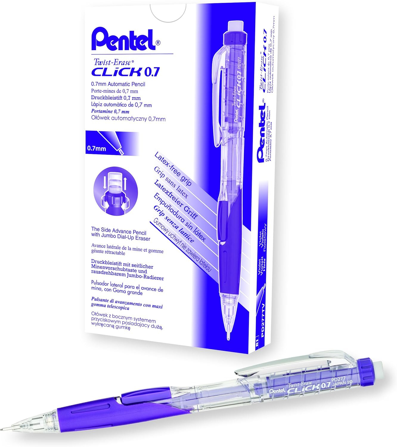 Twist Erase CLICK Mechanical Pencil, 0.7Mm, Clear Barrel, Violet Grip, Box of 12