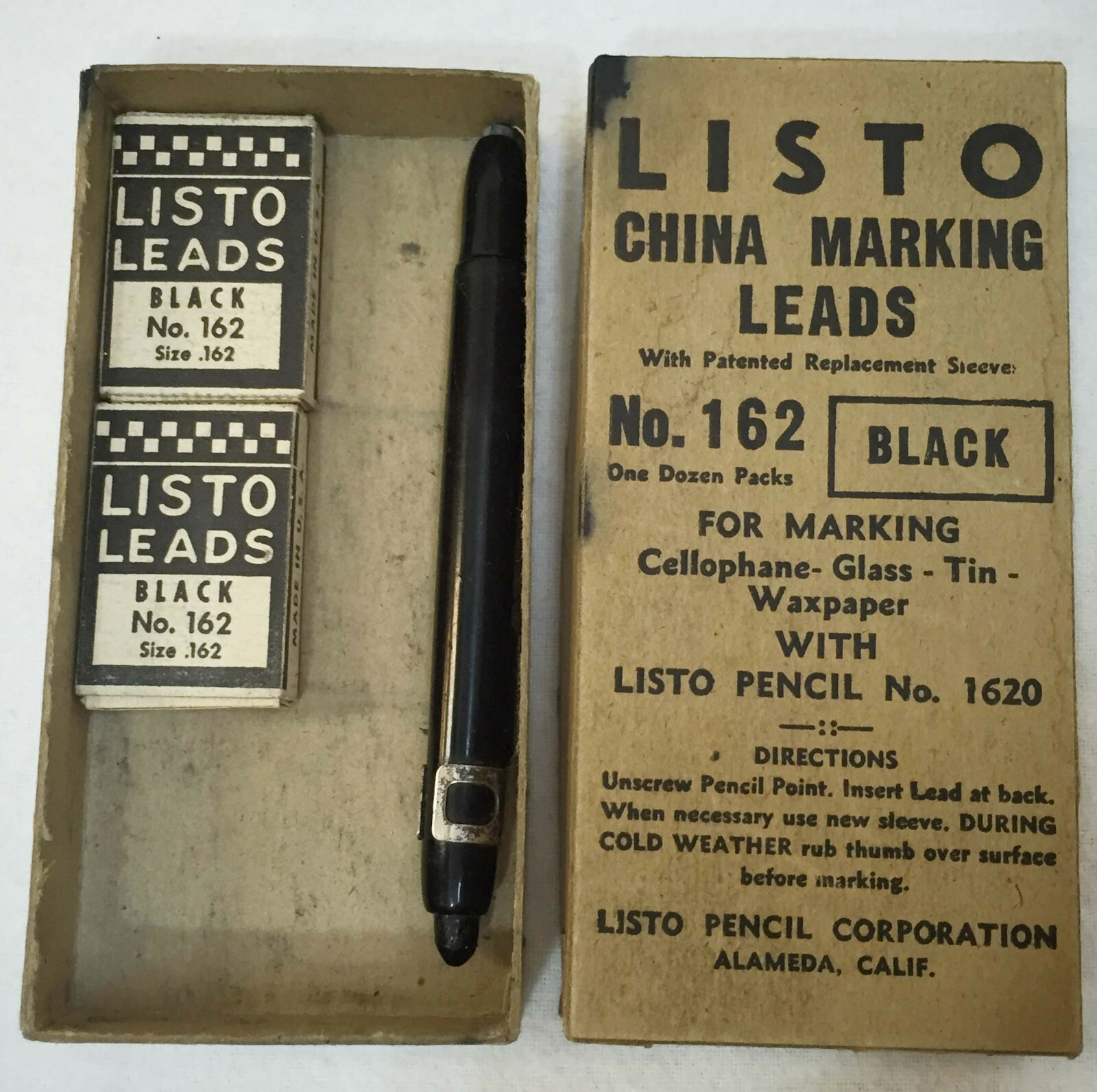 Listo China Marking Pen 1620 Lead Sticks Black 162 for Cellophane Glass Tin Vtg