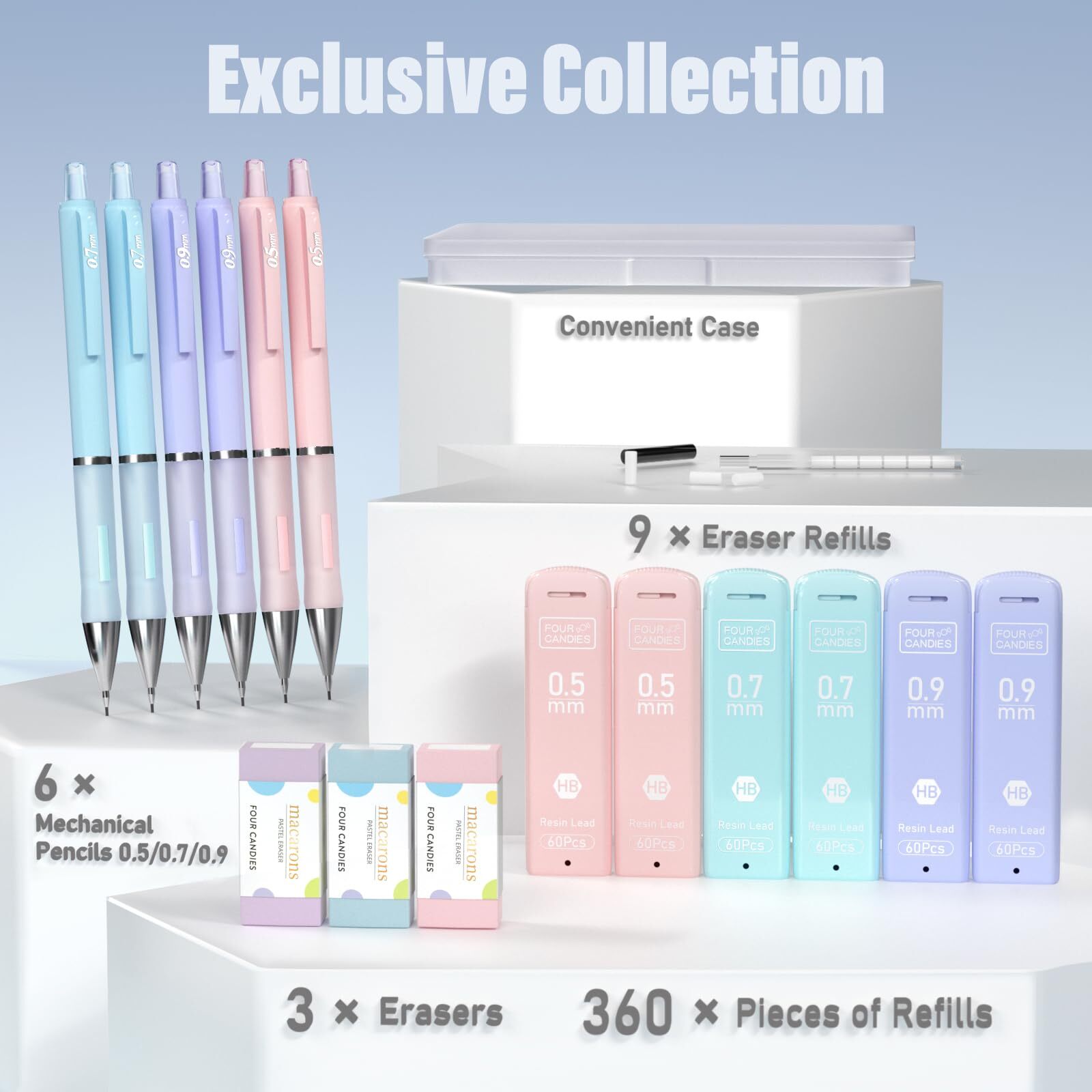 6 Pack 0.5/0.7/0.9mm Mechanical Pencil Set w/ Lead Refills & Erasers for Drawing
